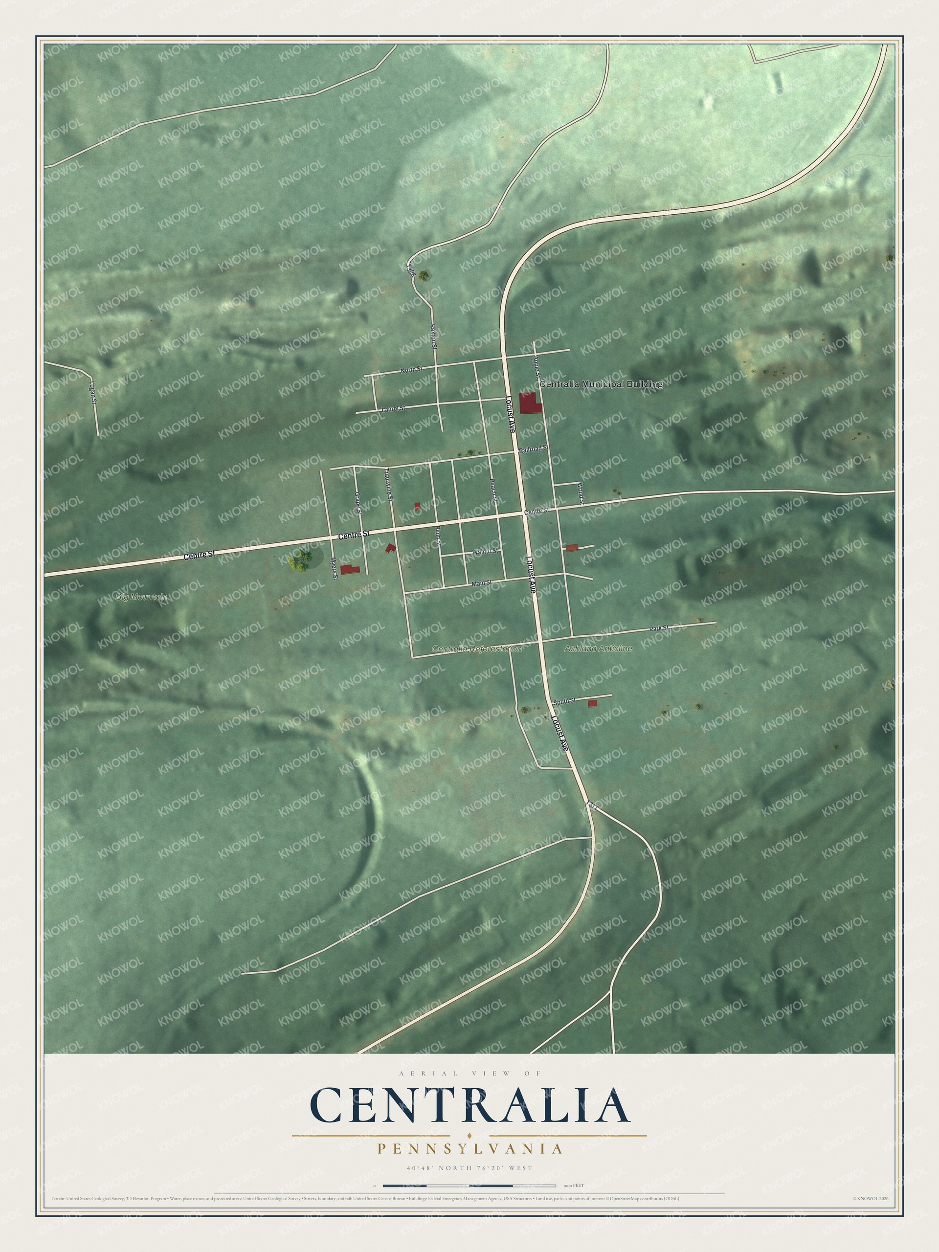 Full map of Centralia, Pennsylvania, with red buildings, printed street names and the land around them