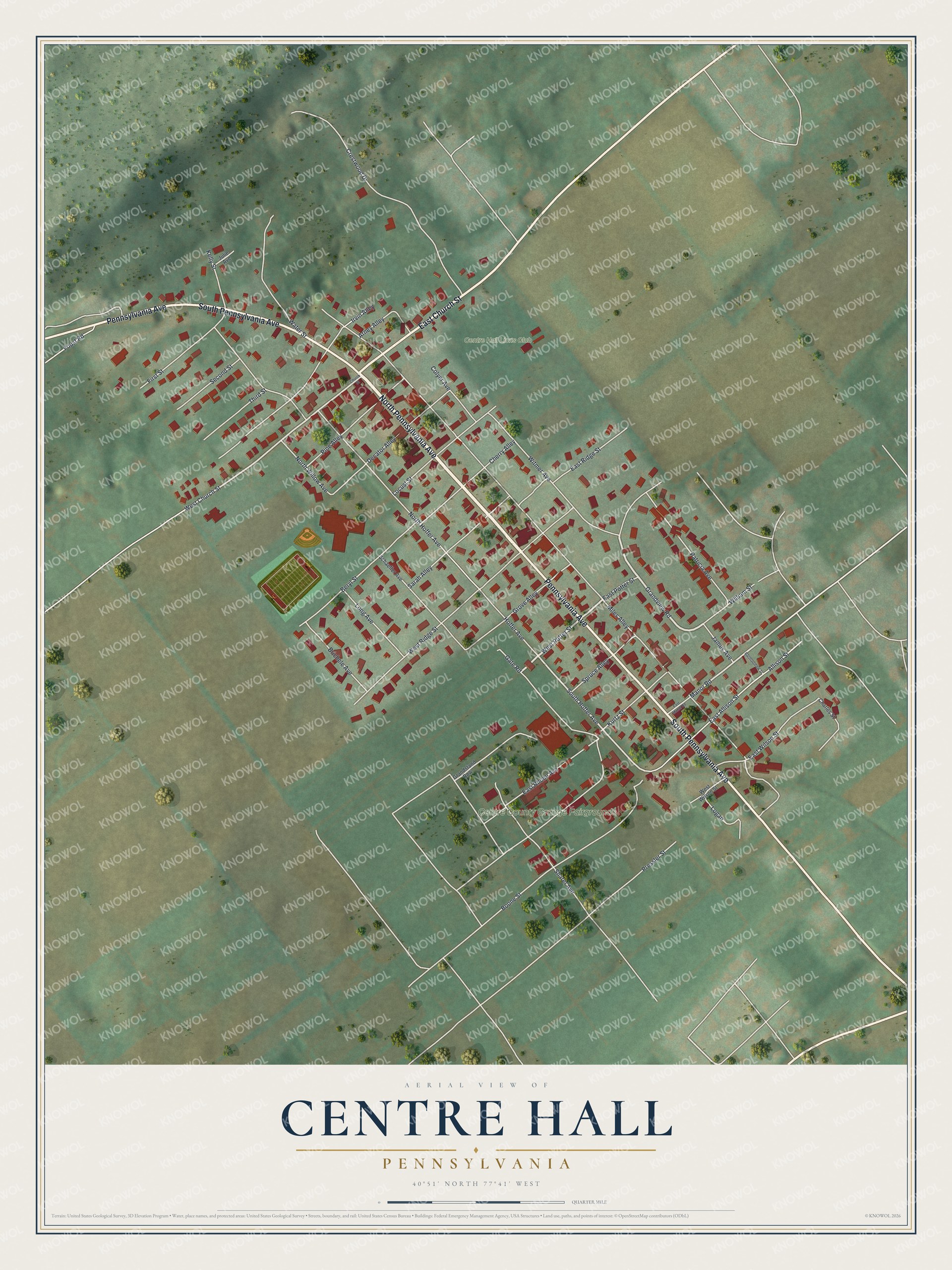 Full map of Centre Hall, Pennsylvania, with red buildings, printed street names and the land around them