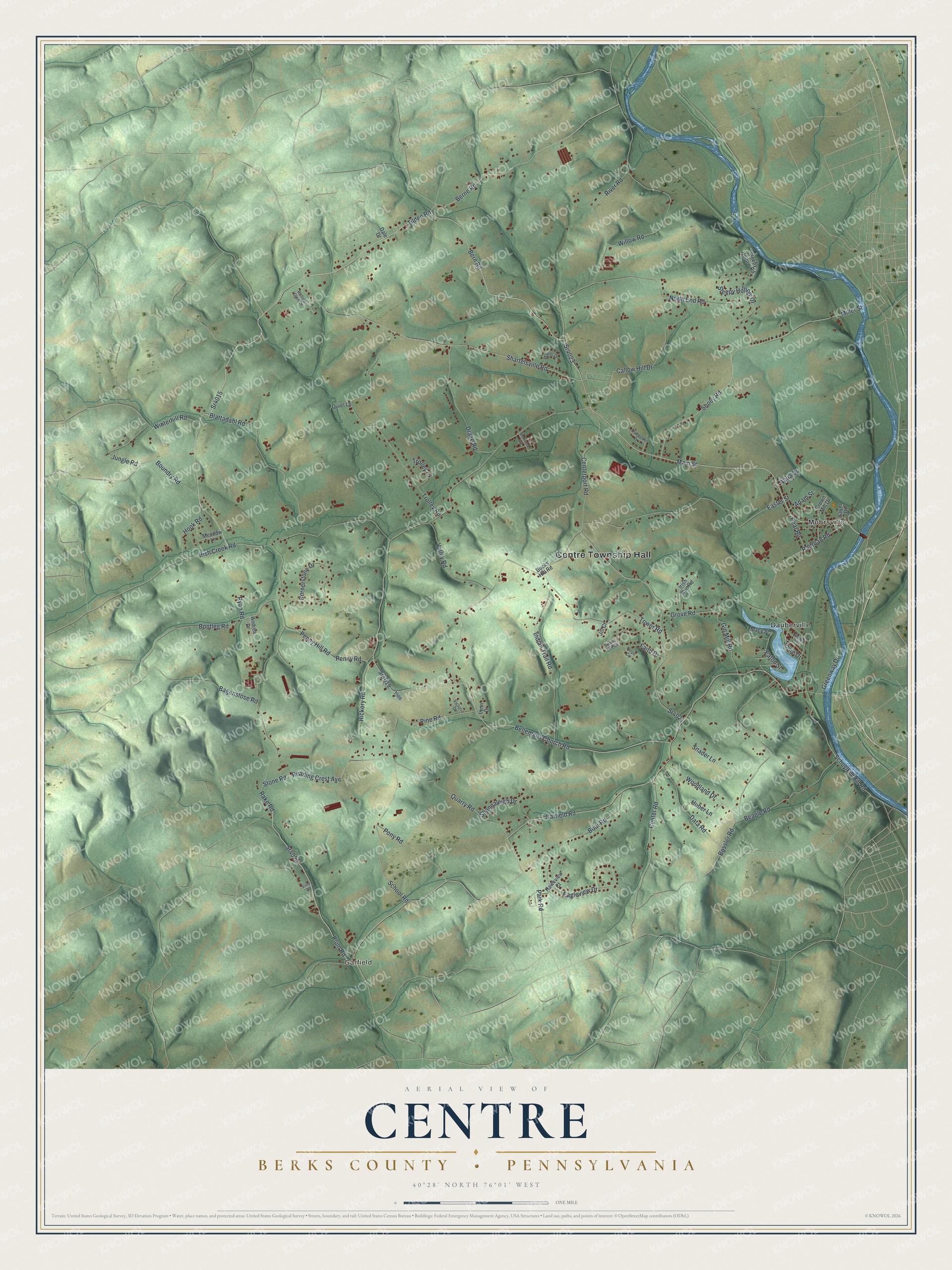Full map of Centre, Berks County, Pennsylvania, with red buildings, printed street names and the land around them