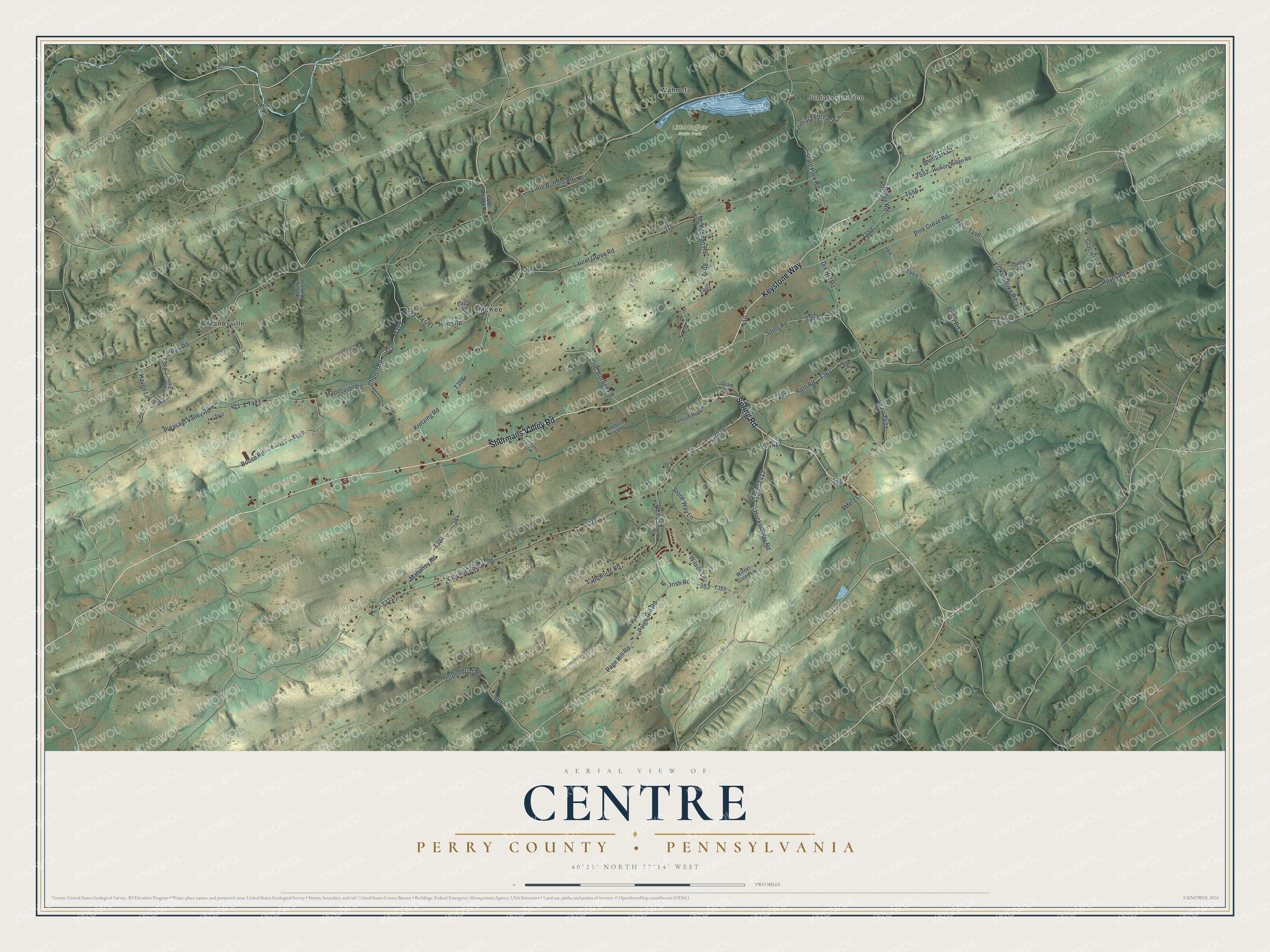 Full map of Centre, Perry County, Pennsylvania, with red buildings, printed street names and the land around them