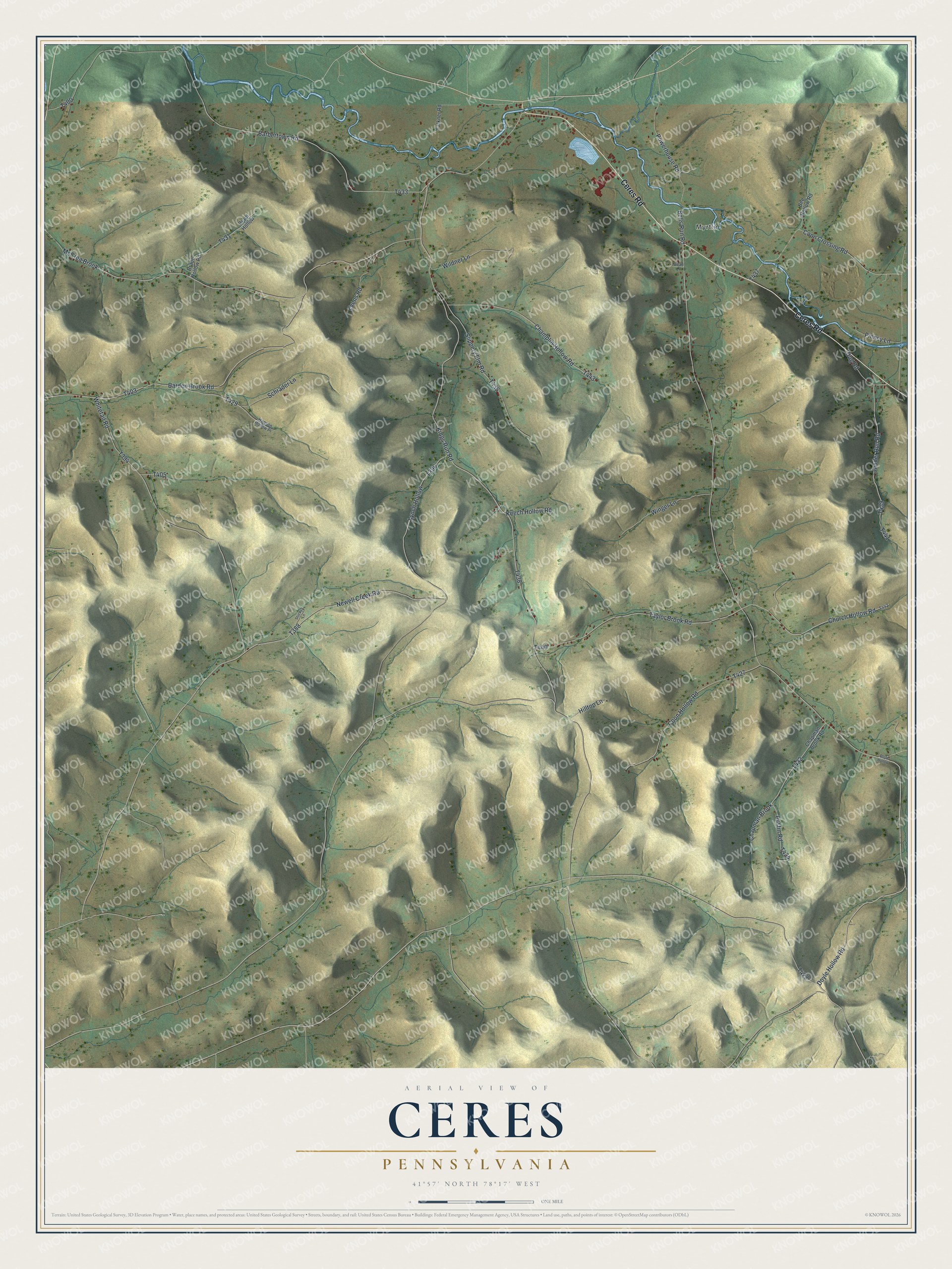 Full map of Ceres, Pennsylvania, with red buildings, printed street names and the land around them