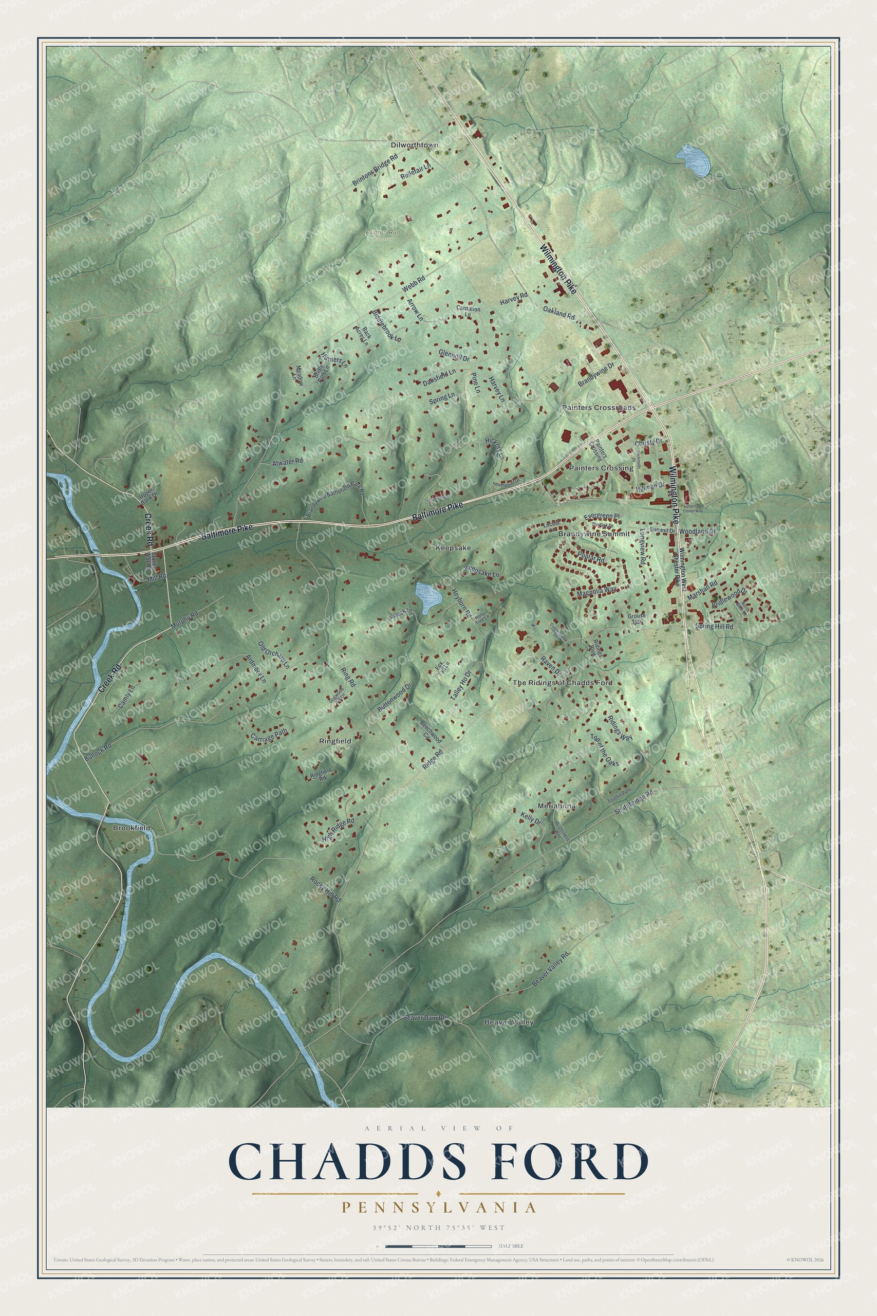 Full map of Chadds Ford, Pennsylvania, with red buildings, printed street names and the land around them