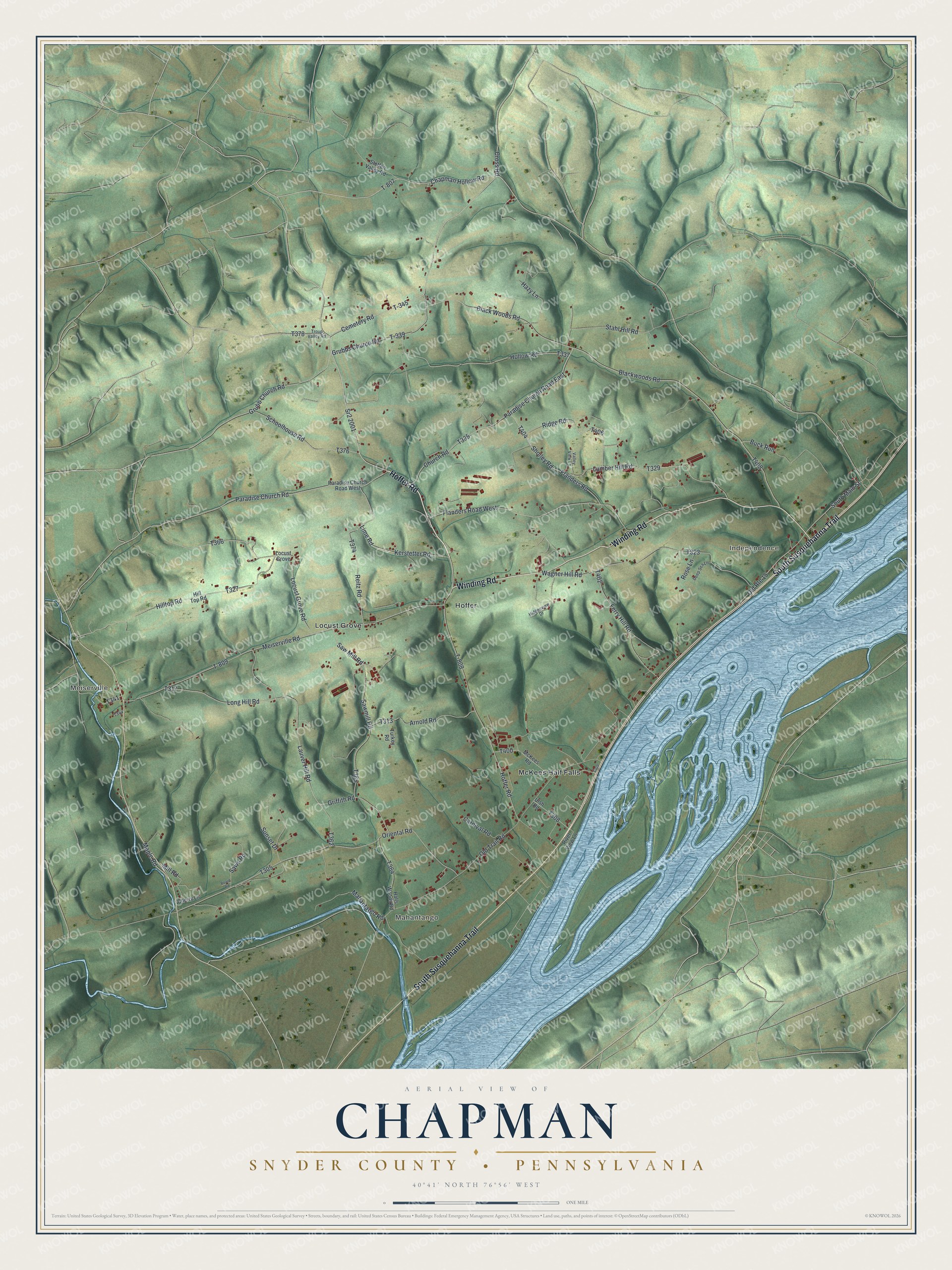 Full map of Chapman, Snyder County, Pennsylvania, with red buildings, printed street names and the land around them