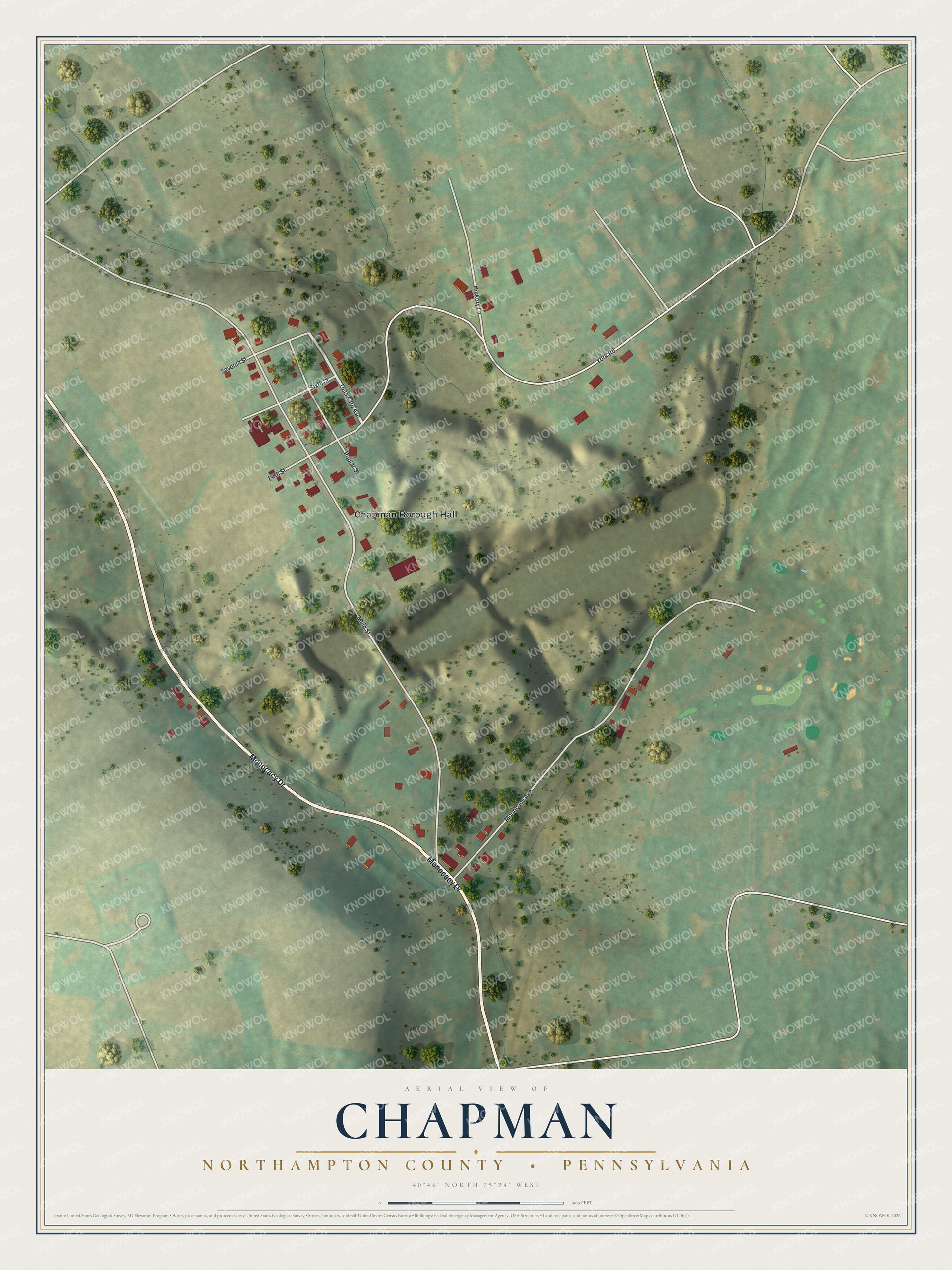 Full map of Chapman, Northampton County, Pennsylvania, with red buildings, printed street names and the land around them