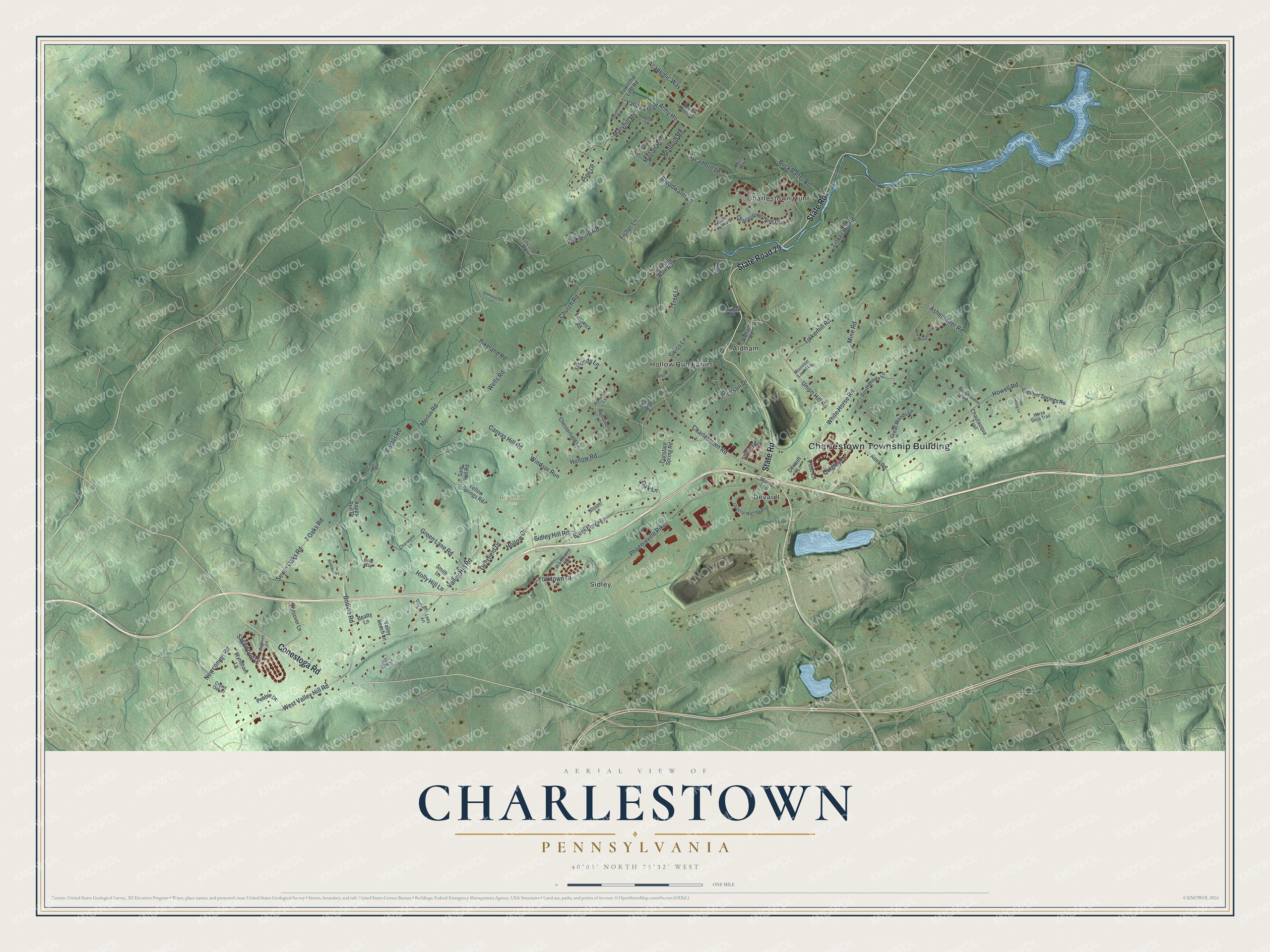 Full map of Charlestown, Pennsylvania, with red buildings, printed street names and the land around them