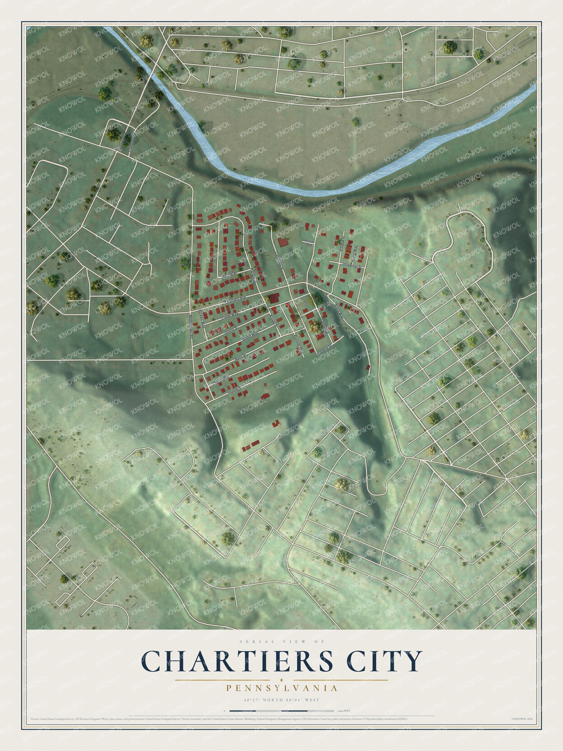 Full map of Chartiers City, Pennsylvania, with red buildings, printed street names and the land around them