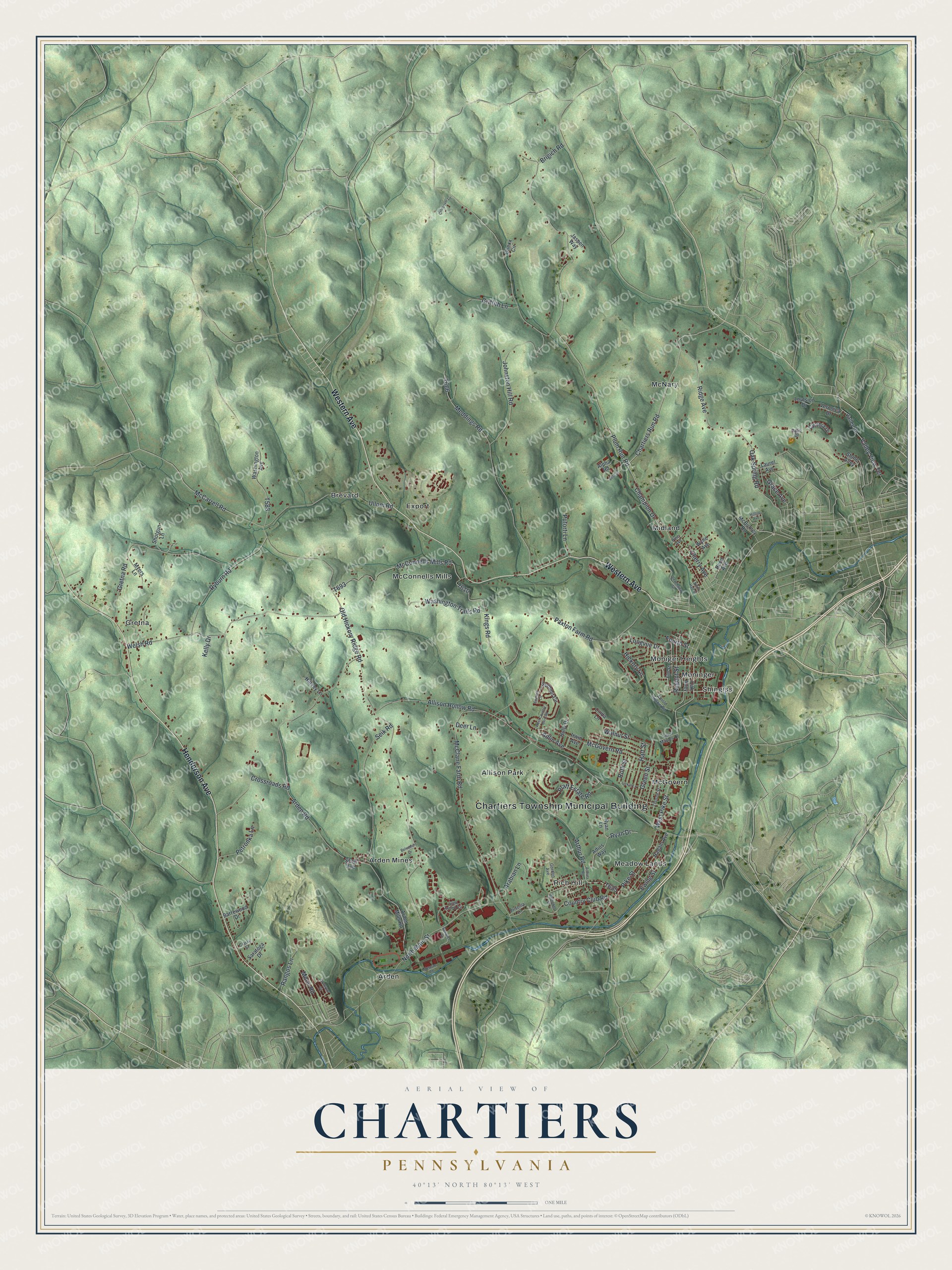 Full map of Chartiers, Pennsylvania, with red buildings, printed street names and the land around them