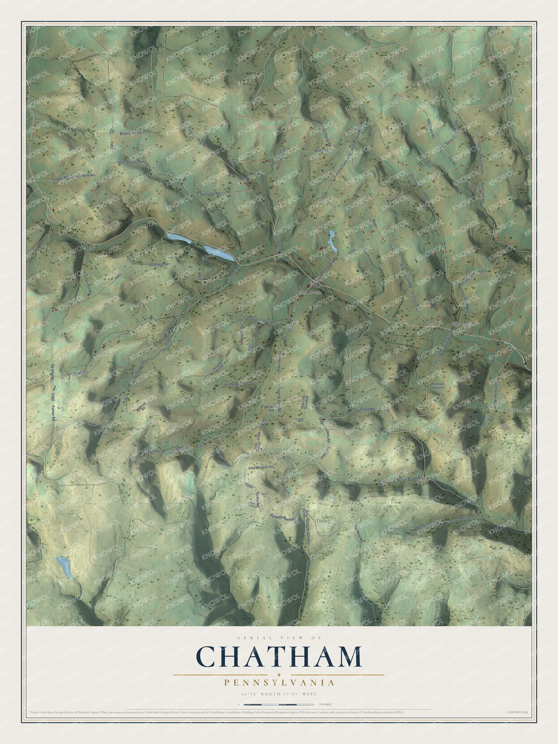 Full map of Chatham, Pennsylvania, with red buildings, printed street names and the land around them