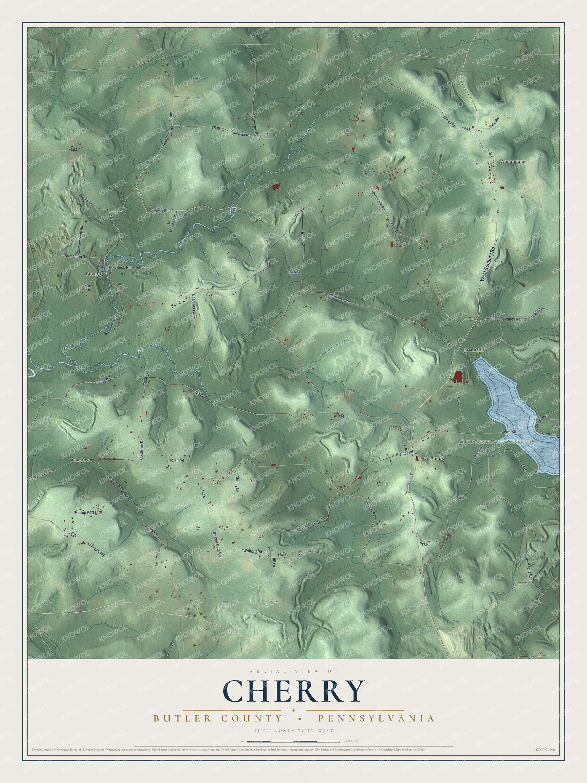 Full map of Cherry, Butler County, Pennsylvania, with red buildings, printed street names and the land around them