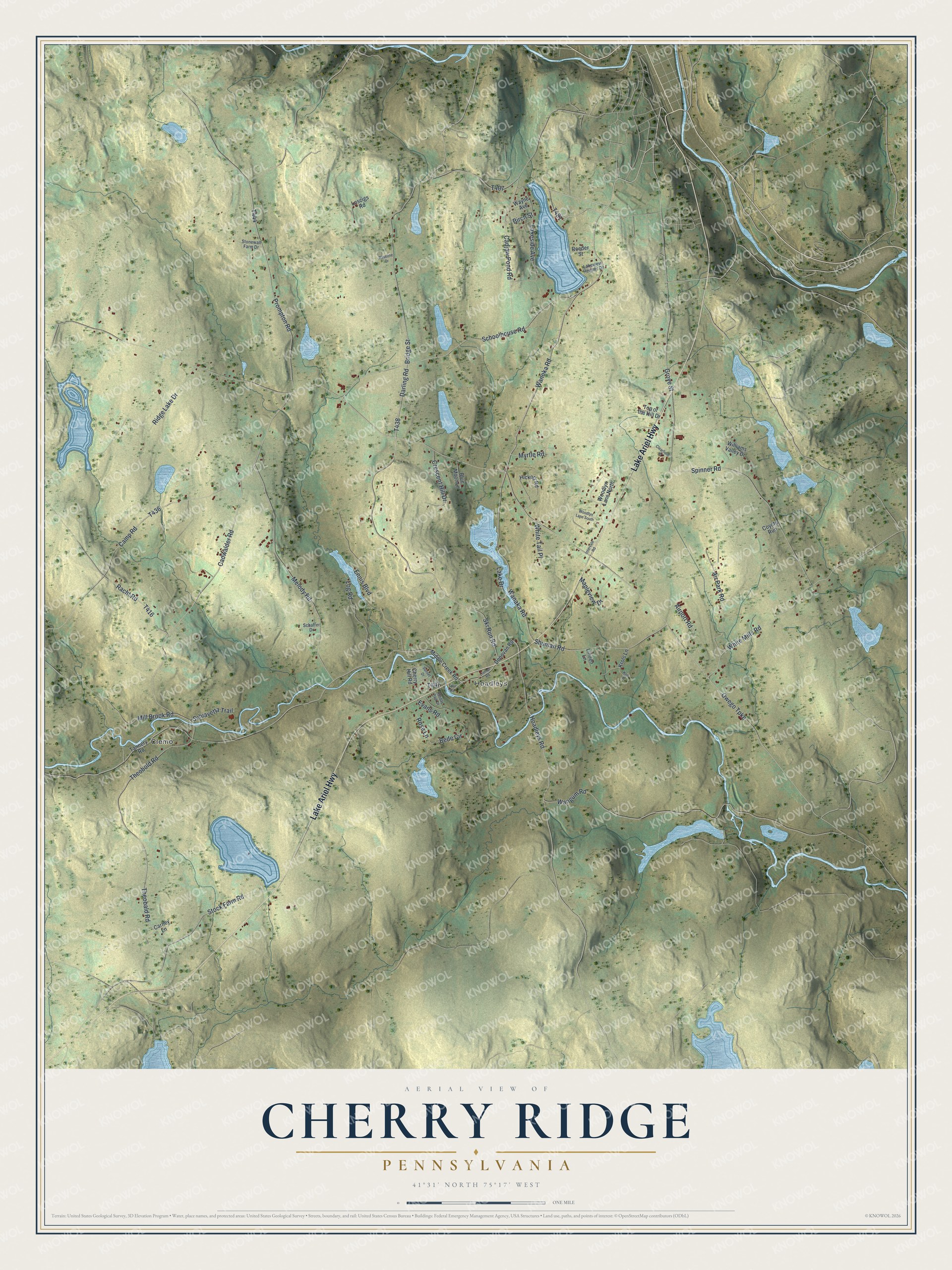 Full map of Cherry Ridge, Pennsylvania, with red buildings, printed street names and the land around them