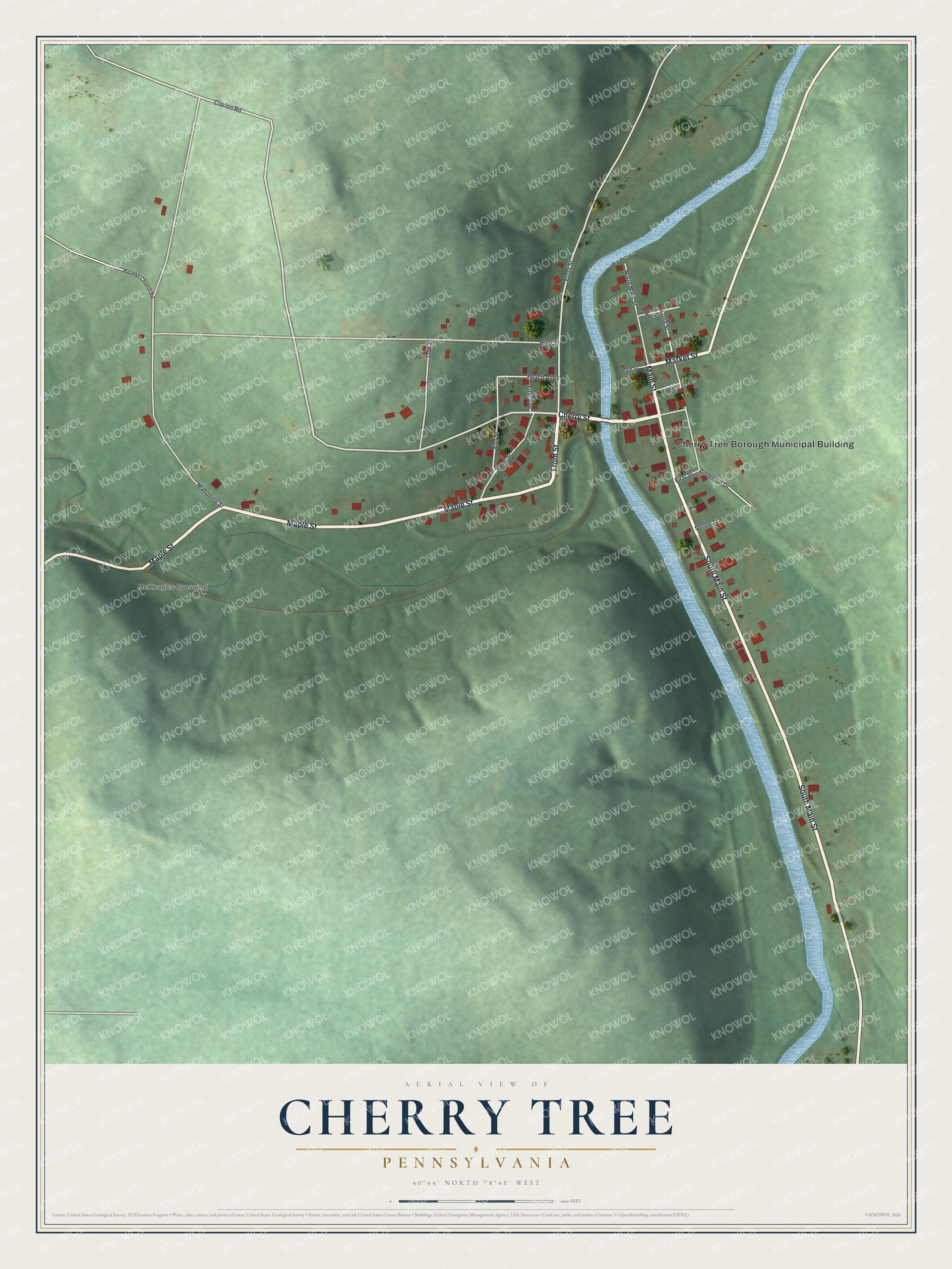 Full map of Cherry Tree, Pennsylvania, with red buildings, printed street names and the land around them