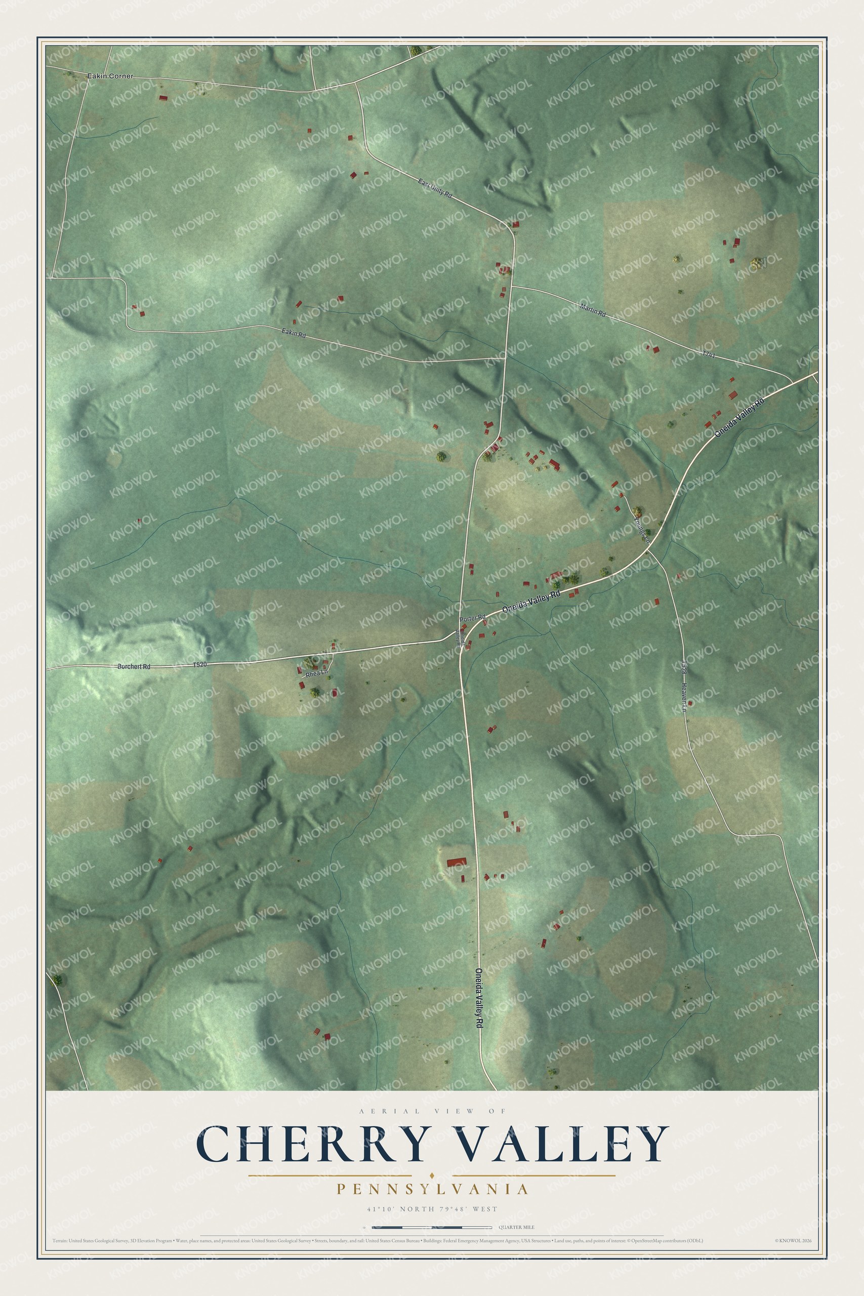 Full map of Cherry Valley, Pennsylvania, with red buildings, printed street names and the land around them