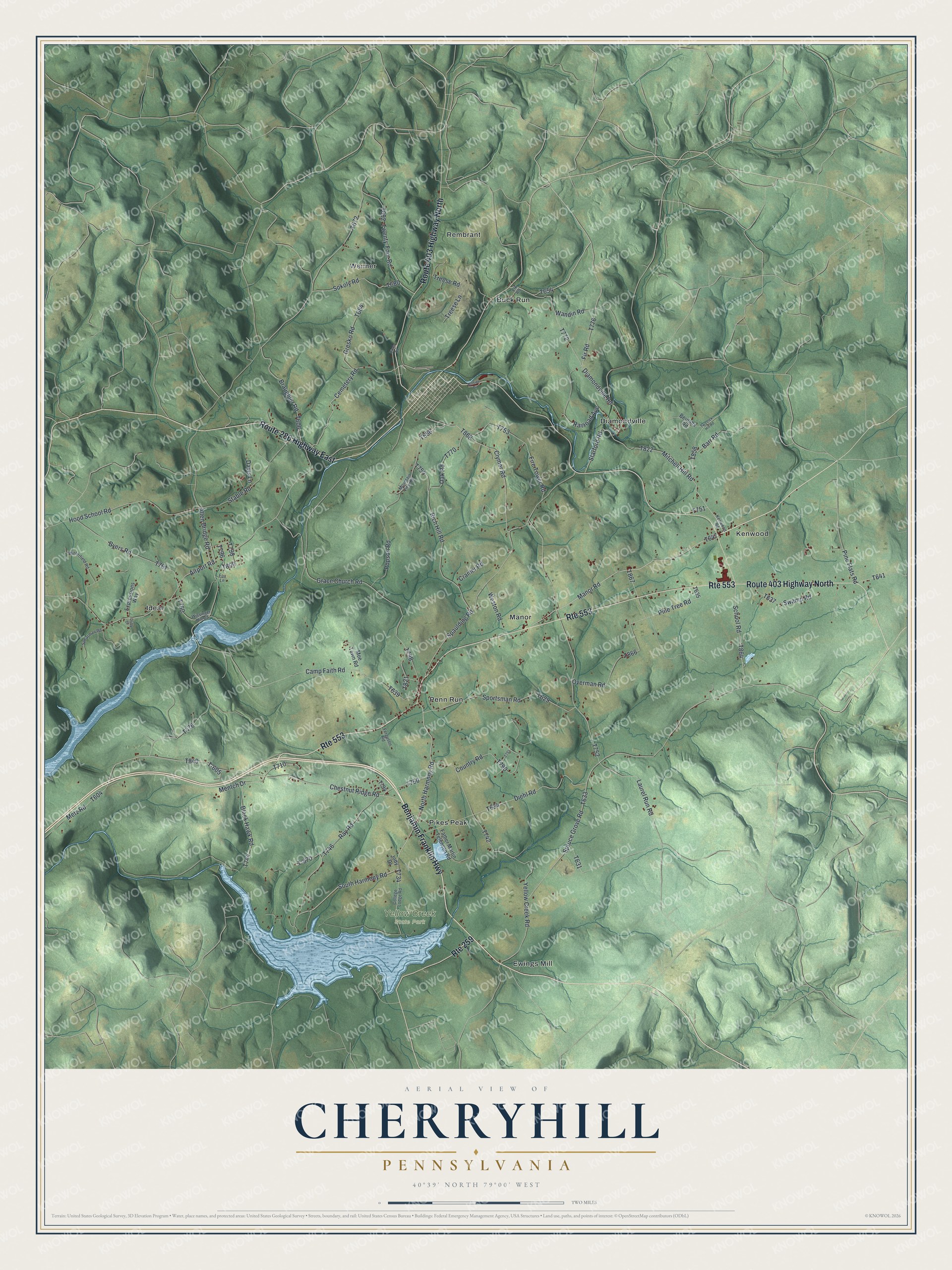 Full map of Cherryhill, Pennsylvania, with red buildings, printed street names and the land around them