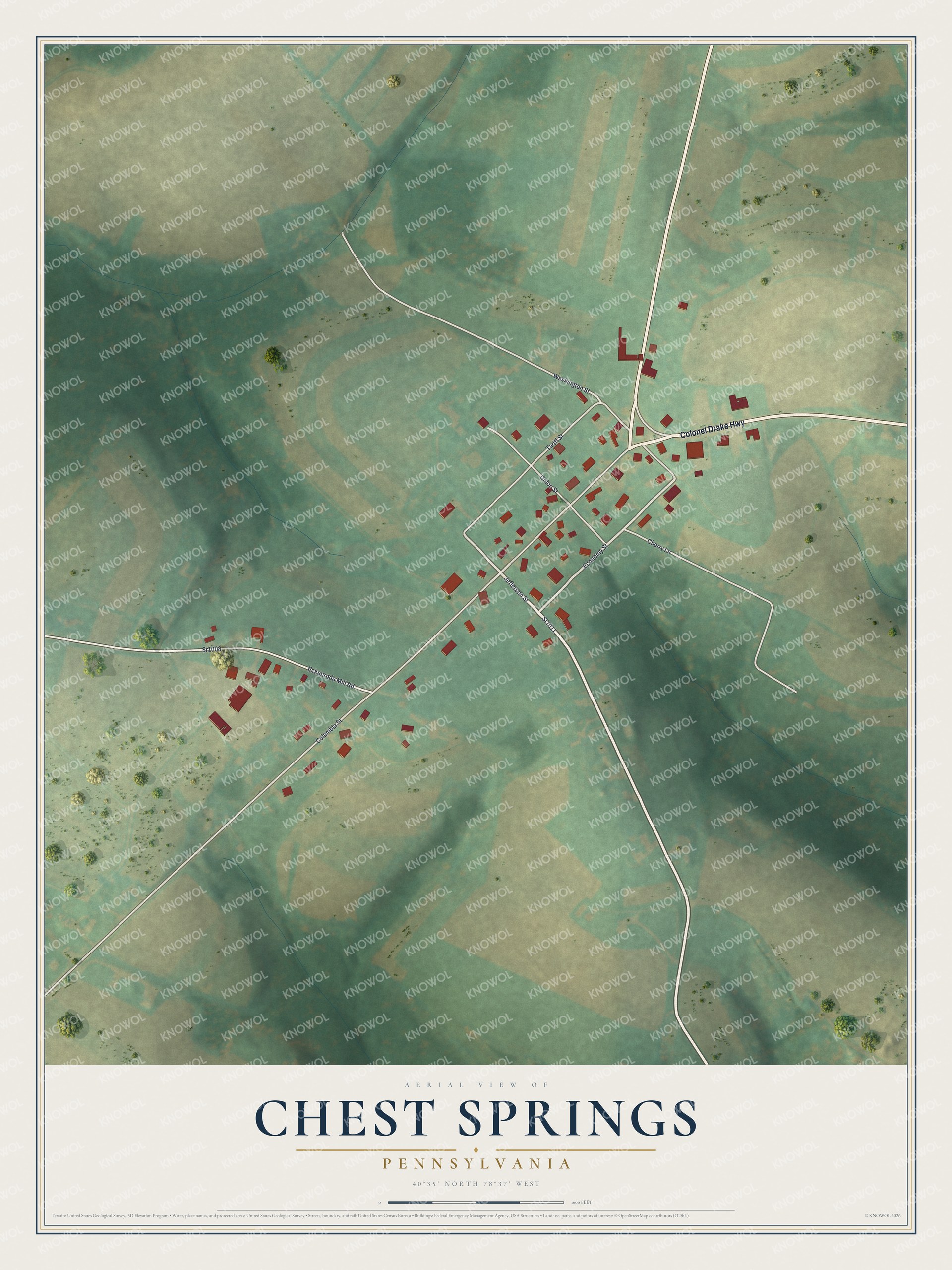 Full map of Chest Springs, Pennsylvania, with red buildings, printed street names and the land around them