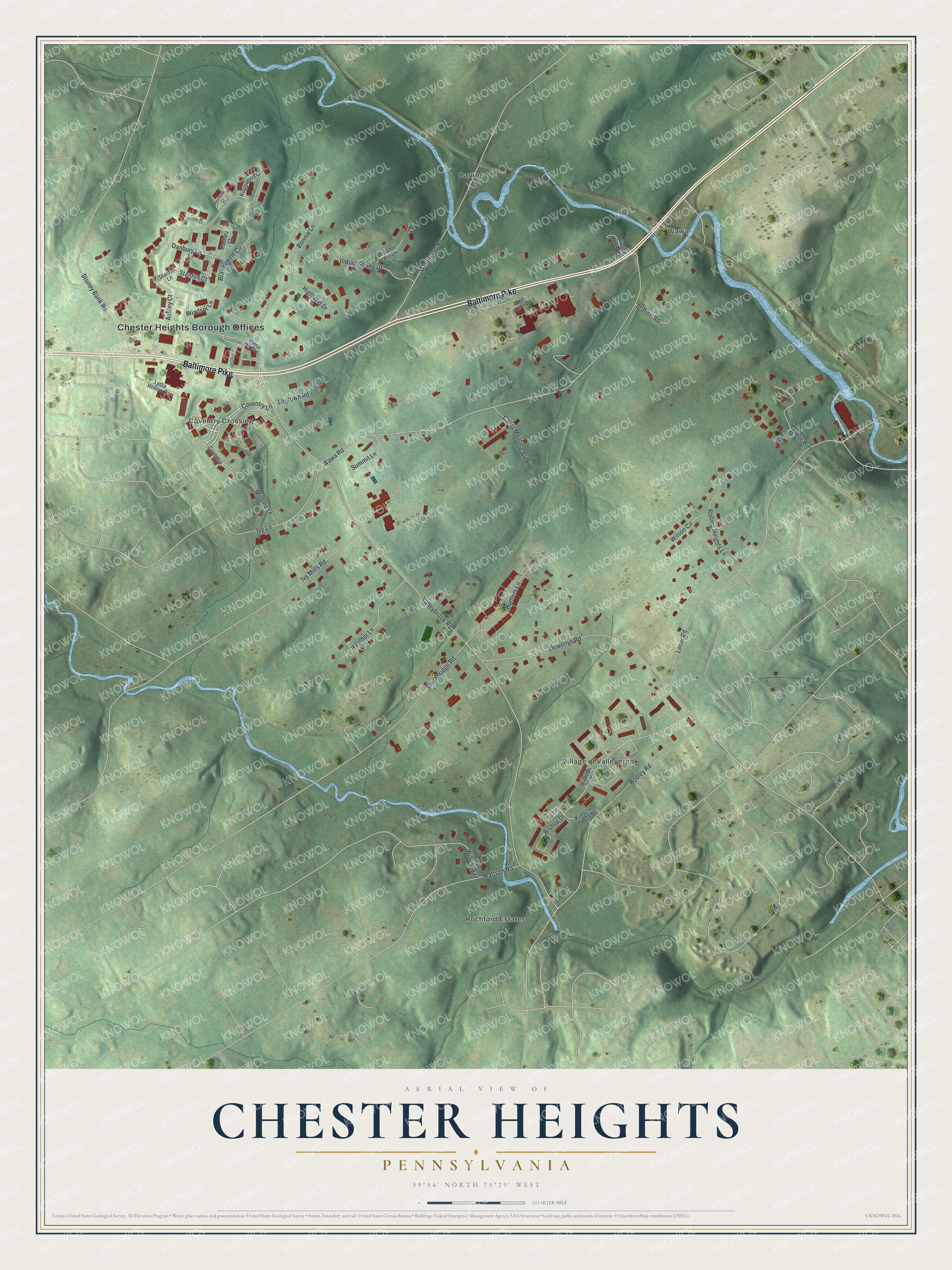 Full map of Chester Heights, Pennsylvania, with red buildings, printed street names and the land around them
