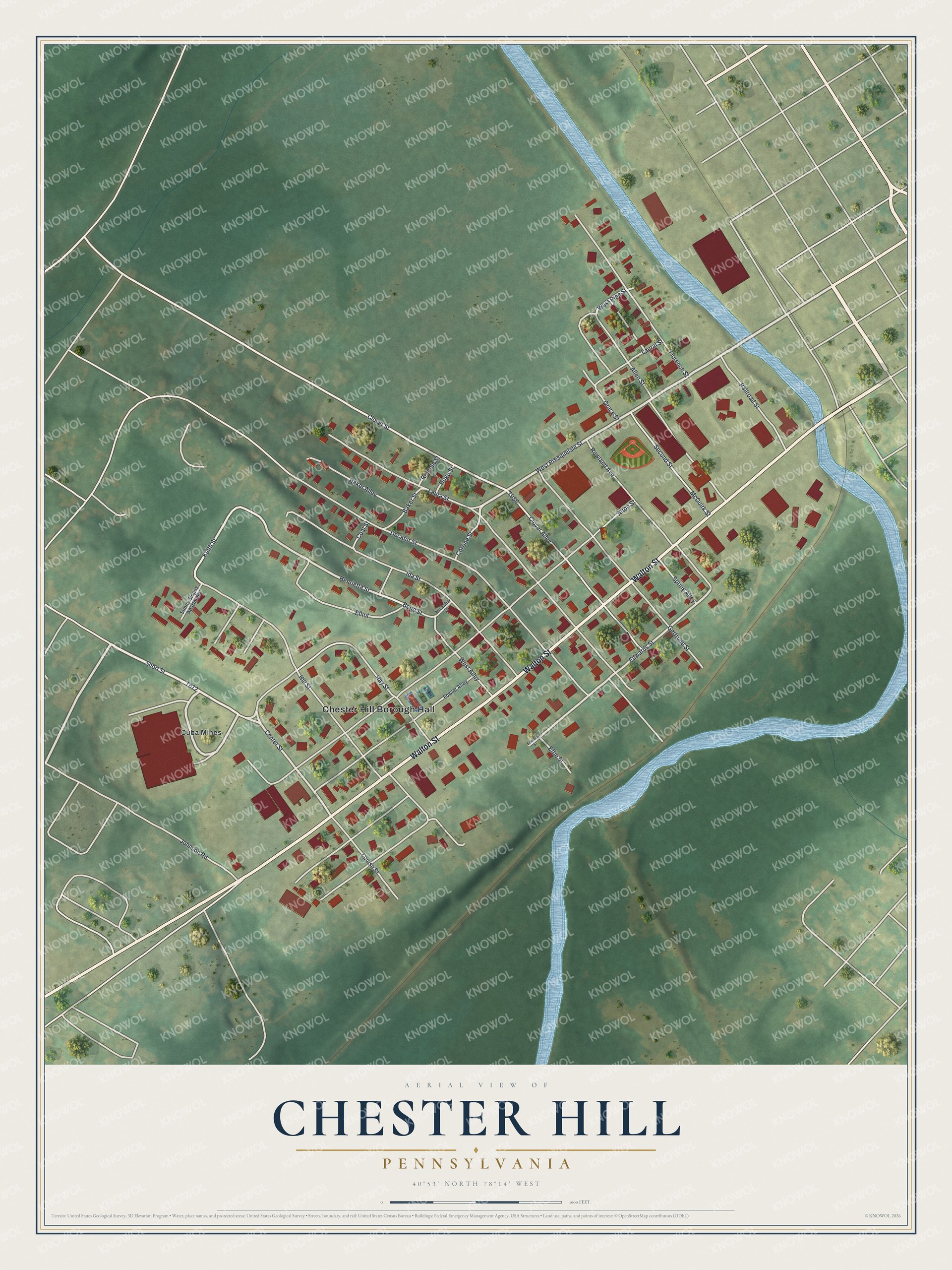 Full map of Chester Hill, Pennsylvania, with red buildings, printed street names and the land around them