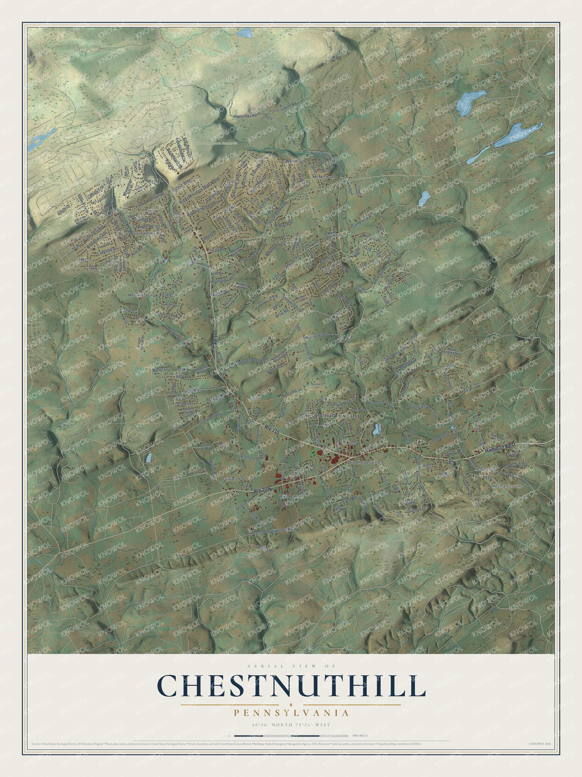 Full map of Chestnuthill, Pennsylvania, with red buildings, printed street names and the land around them