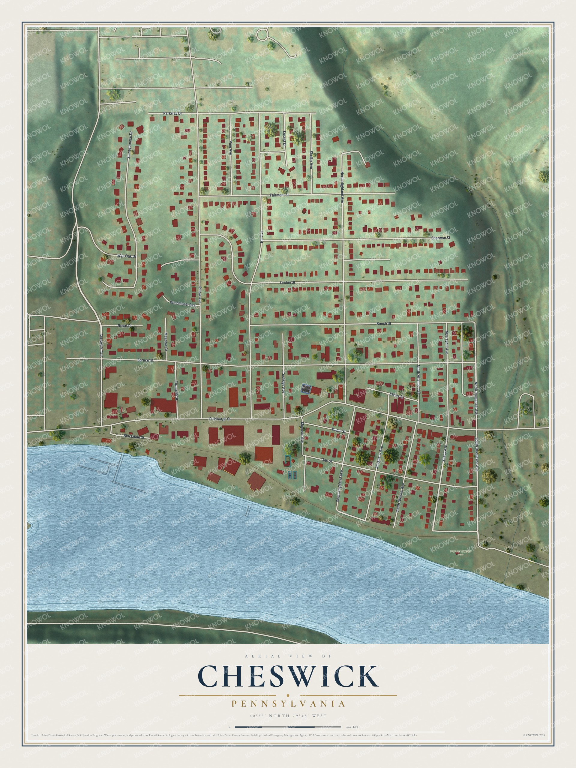 Full map of Cheswick, Pennsylvania, with red buildings, printed street names and the land around them