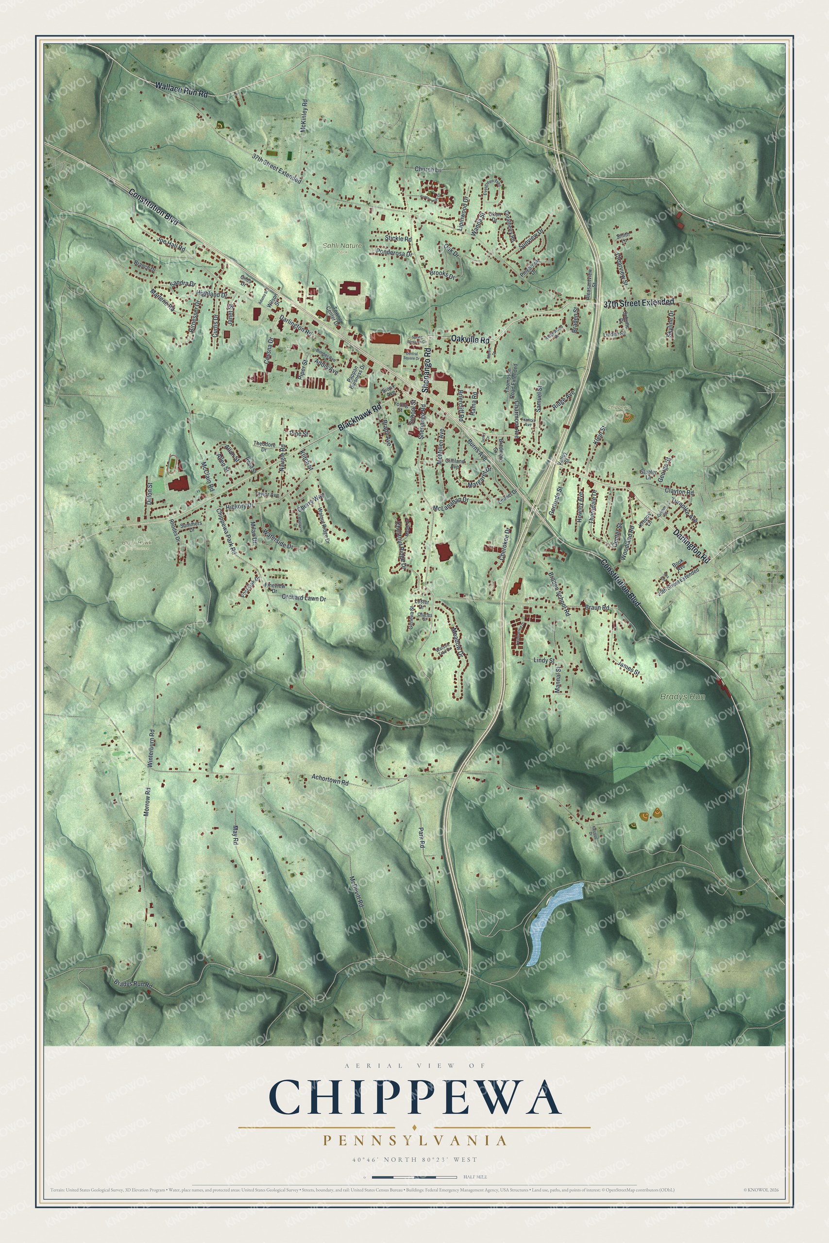 Full map of Chippewa, Pennsylvania, with red buildings, printed street names and the land around them