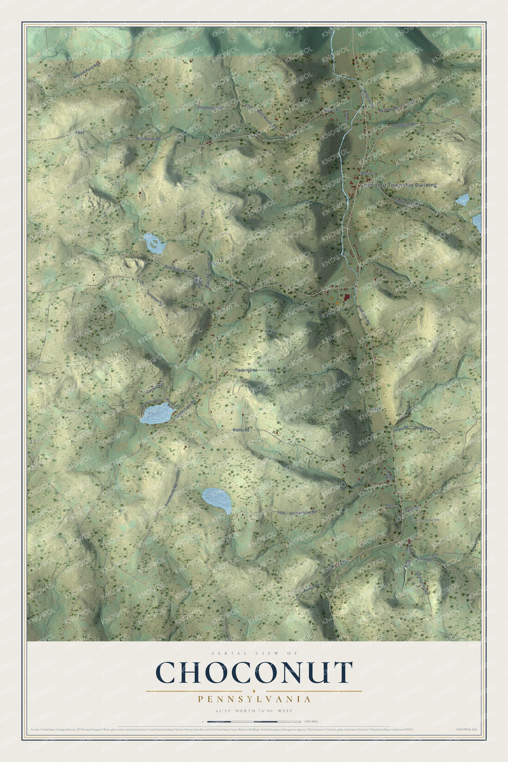 Full map of Choconut, Pennsylvania, with red buildings, printed street names and the land around them