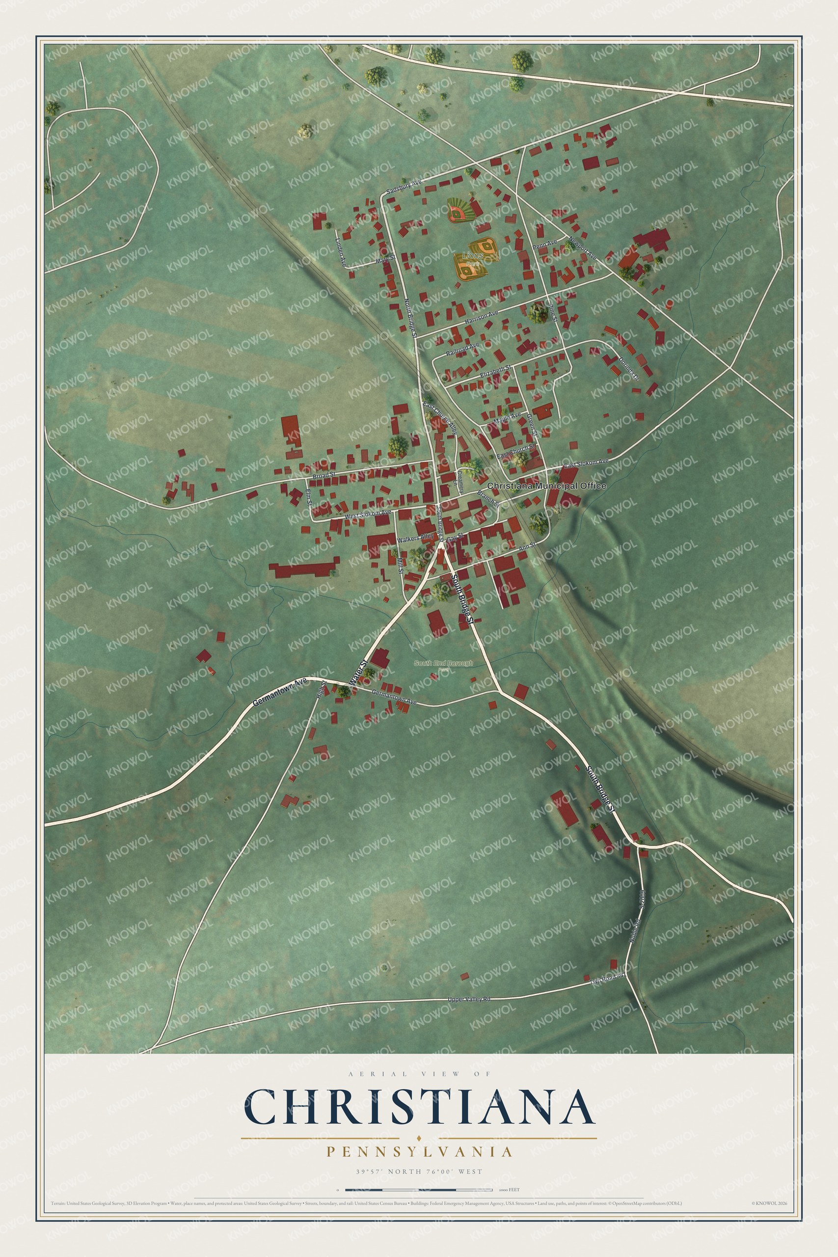 Full map of Christiana, Pennsylvania, with red buildings, printed street names and the land around them