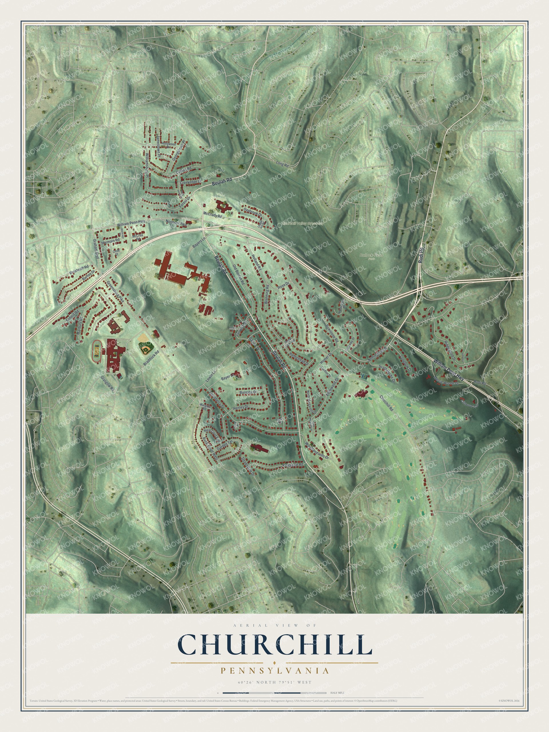 Full map of Churchill, Pennsylvania, with red buildings, printed street names and the land around them