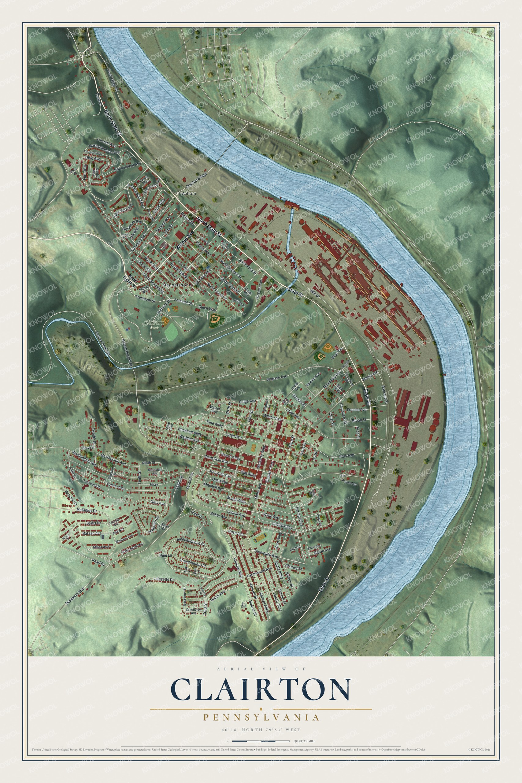 Full map of Clairton municipality, Pennsylvania, with red buildings, printed street names and the land around them