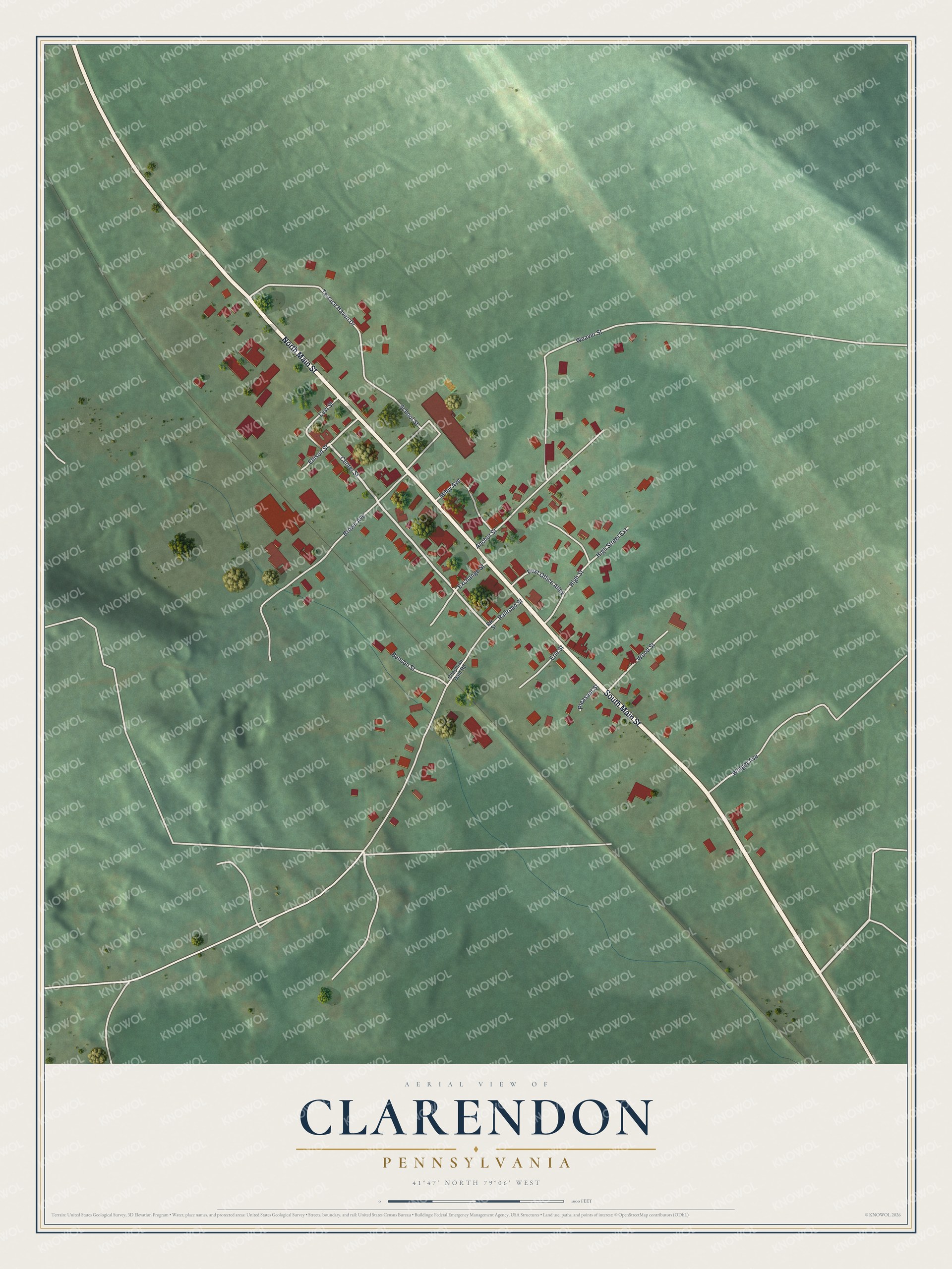Full map of Clarendon, Pennsylvania, with red buildings, printed street names and the land around them