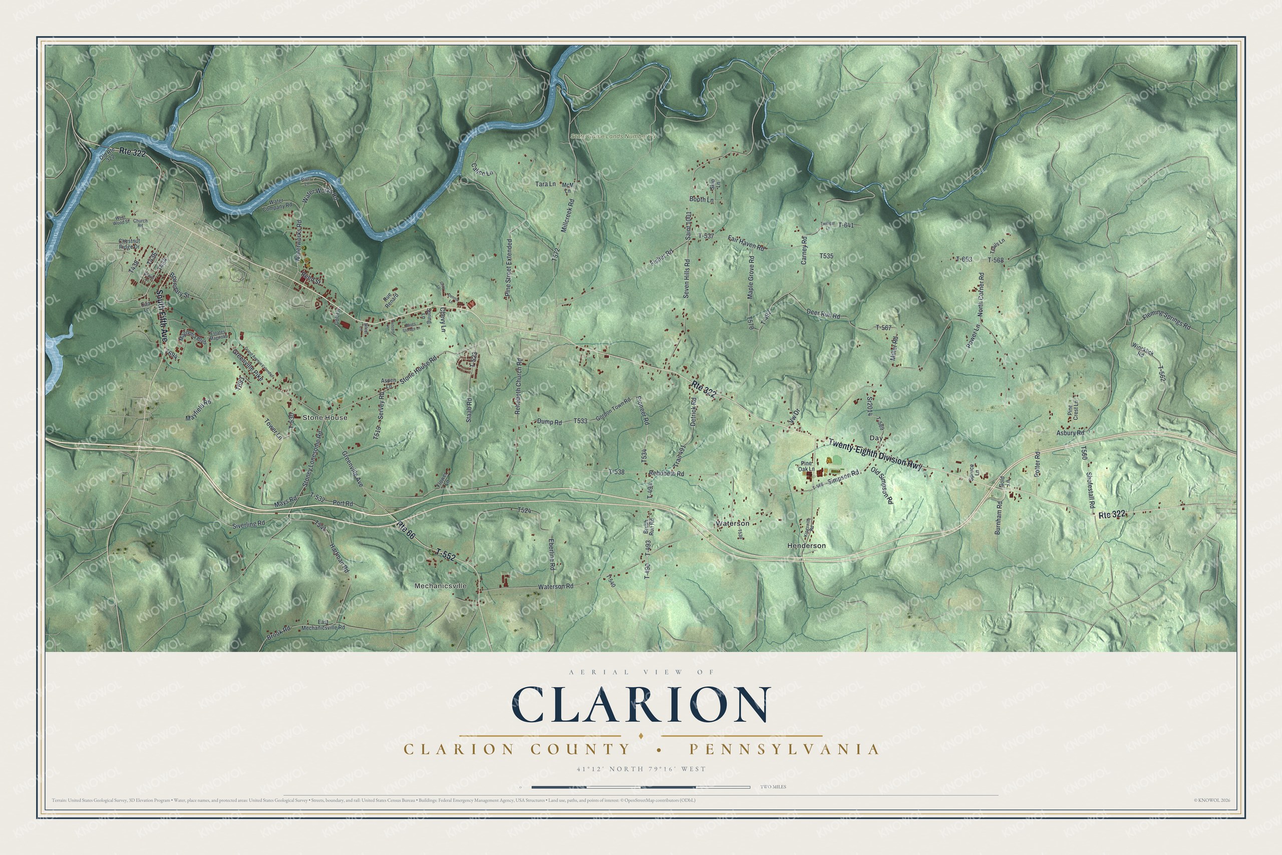 Full map of Clarion Township, Pennsylvania, with red buildings, printed street names and the land around them