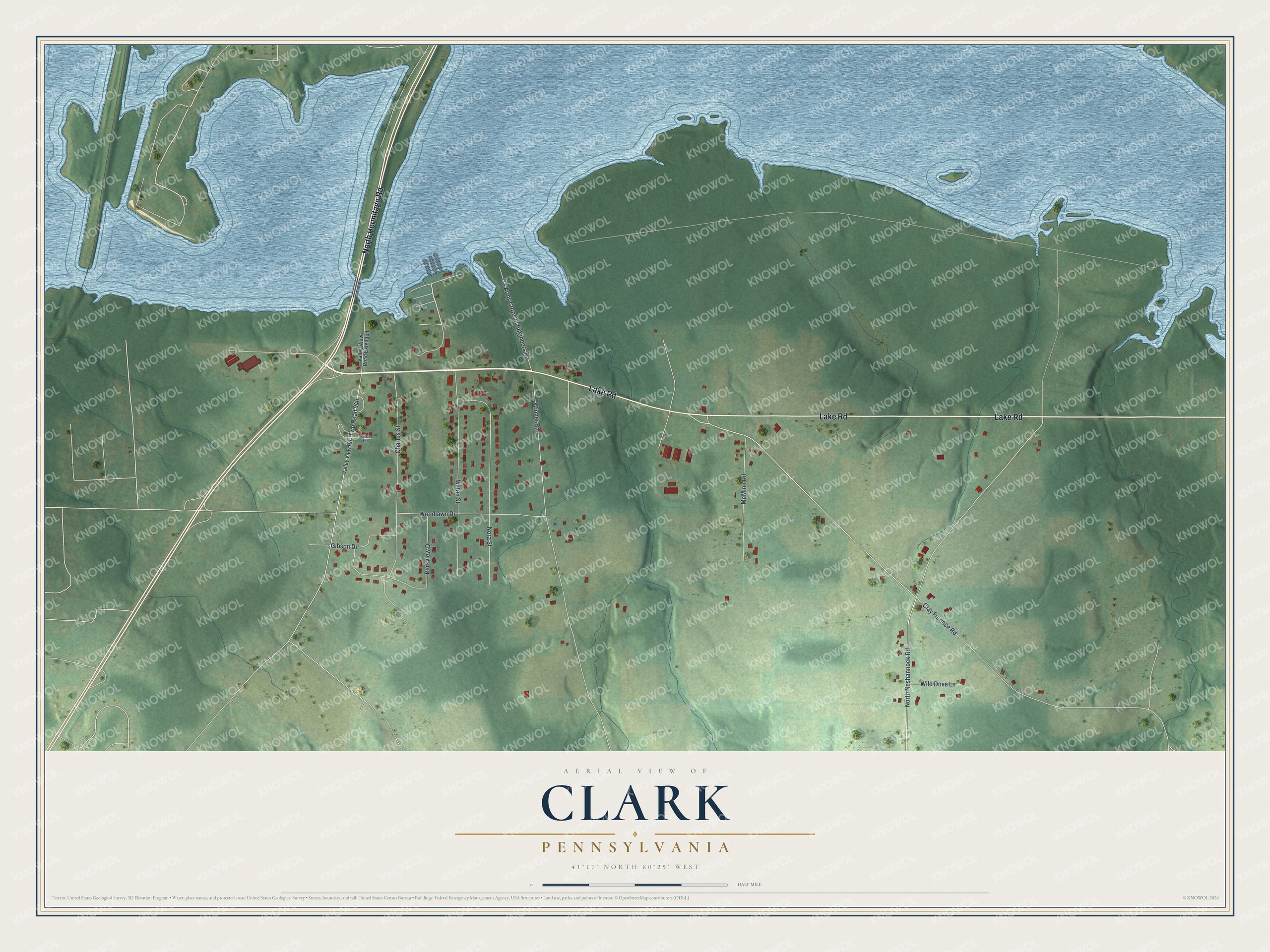Full map of Clark, Pennsylvania, with red buildings, printed street names and the land around them