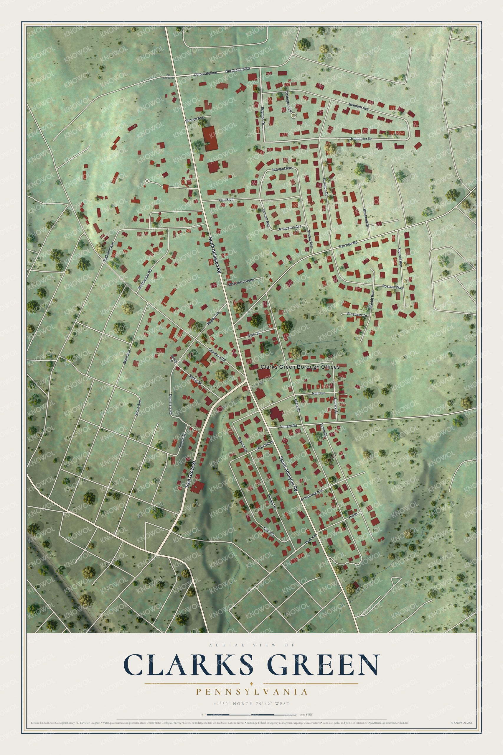 Full map of Clarks Green, Pennsylvania, with red buildings, printed street names and the land around them