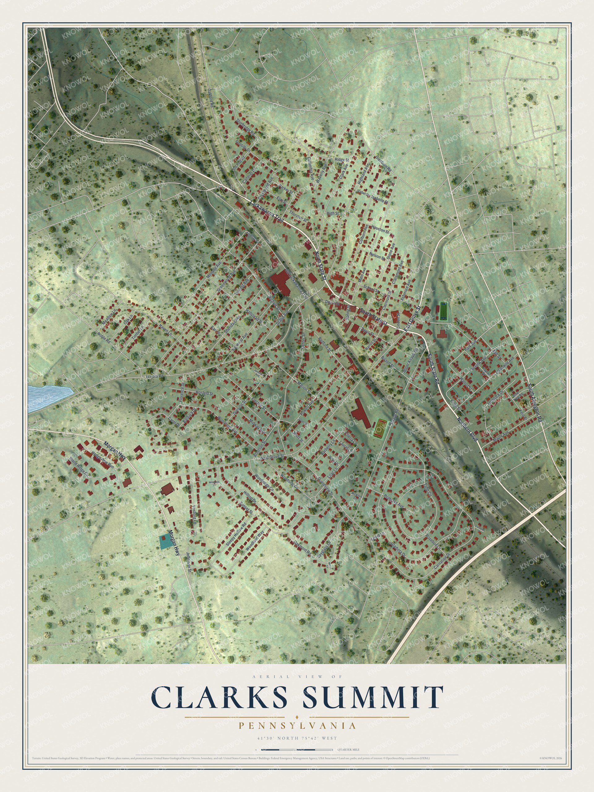 Full map of Clarks Summit, Pennsylvania, with red buildings, printed street names and the land around them