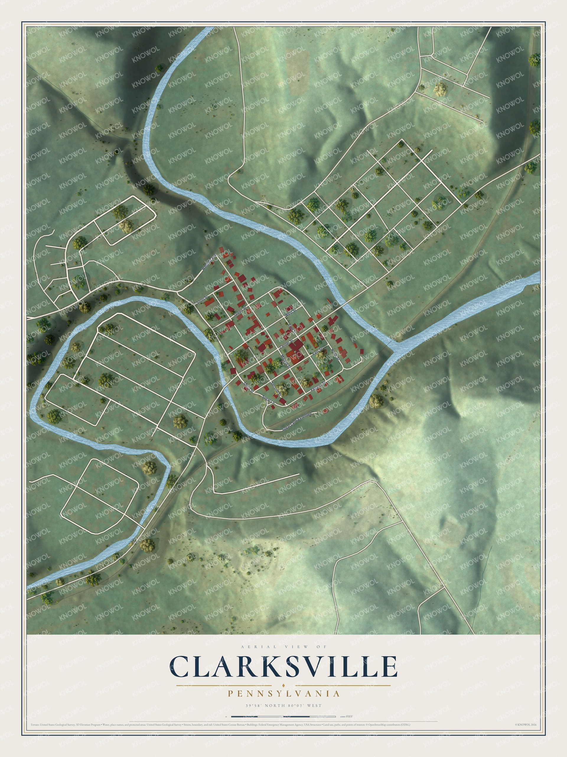 Full map of Clarksville, Pennsylvania, with red buildings, printed street names and the land around them