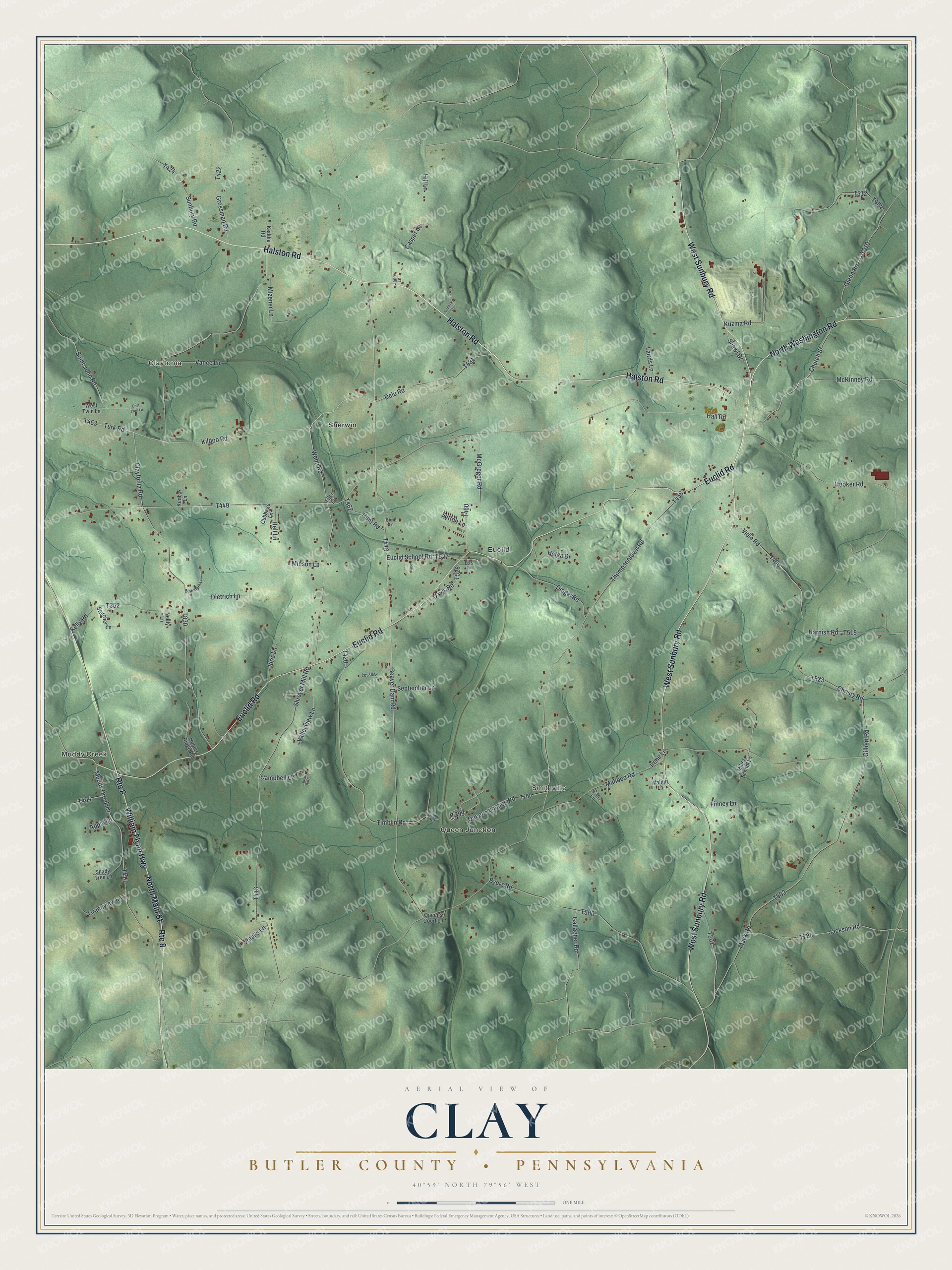 Full map of Clay, Butler County, Pennsylvania, with red buildings, printed street names and the land around them