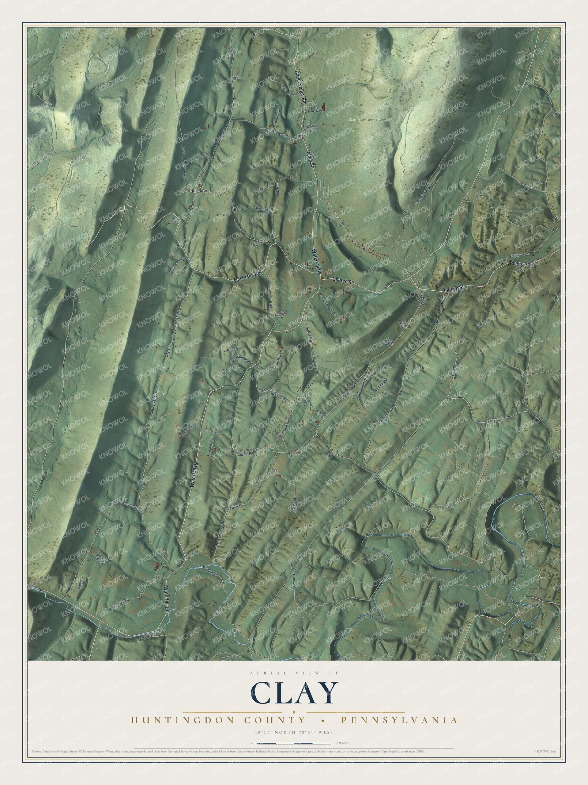 Full map of Clay, Huntingdon County, Pennsylvania, with red buildings, printed street names and the land around them