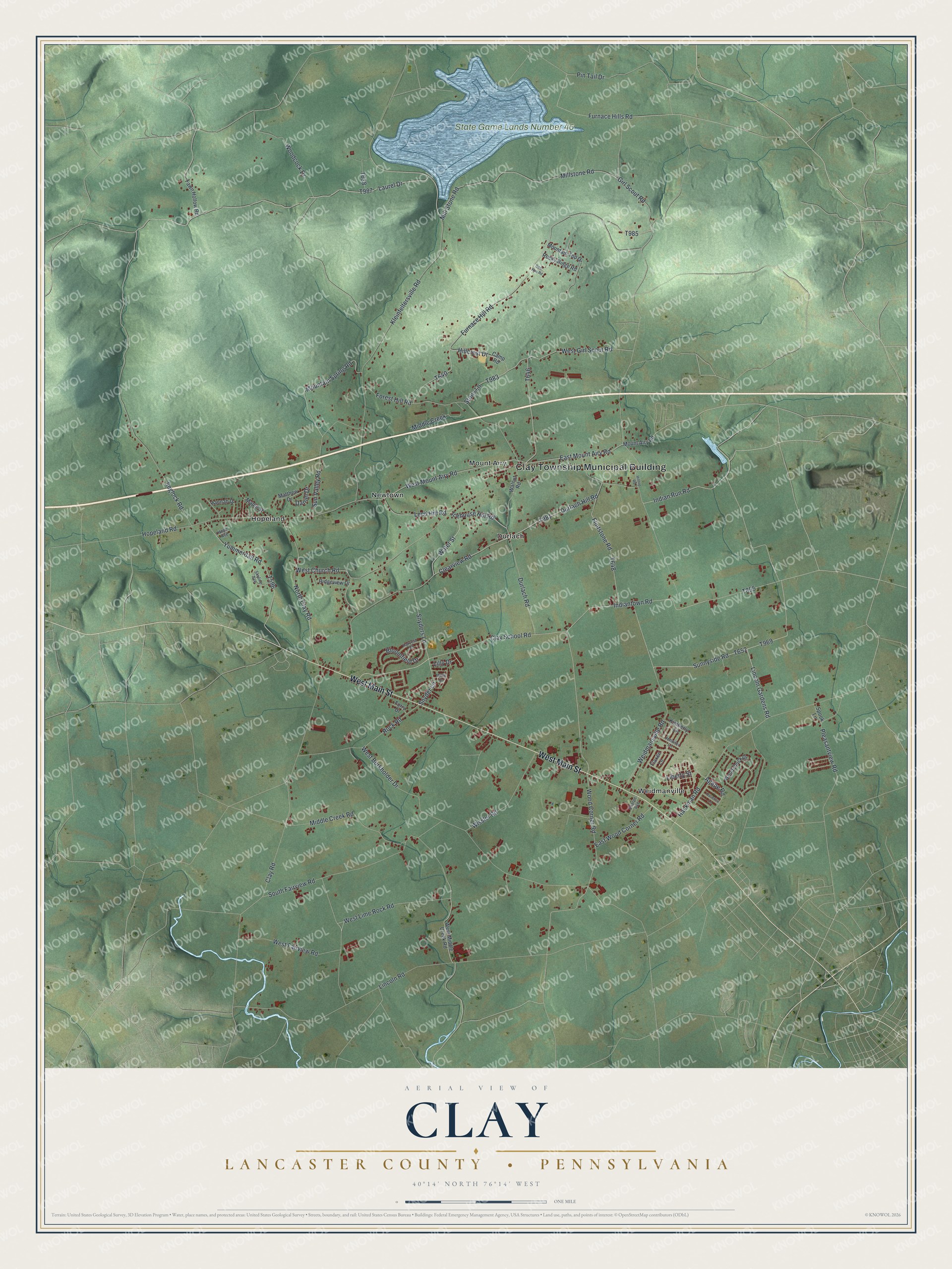 Full map of Clay, Lancaster County, Pennsylvania, with red buildings, printed street names and the land around them