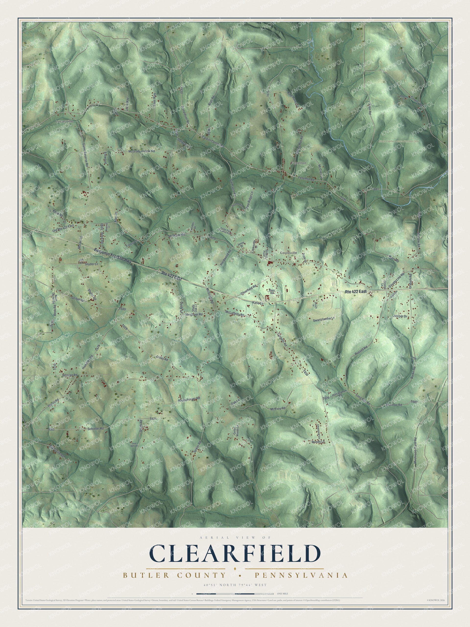 Full map of Clearfield, Butler County, Pennsylvania, with red buildings, printed street names and the land around them