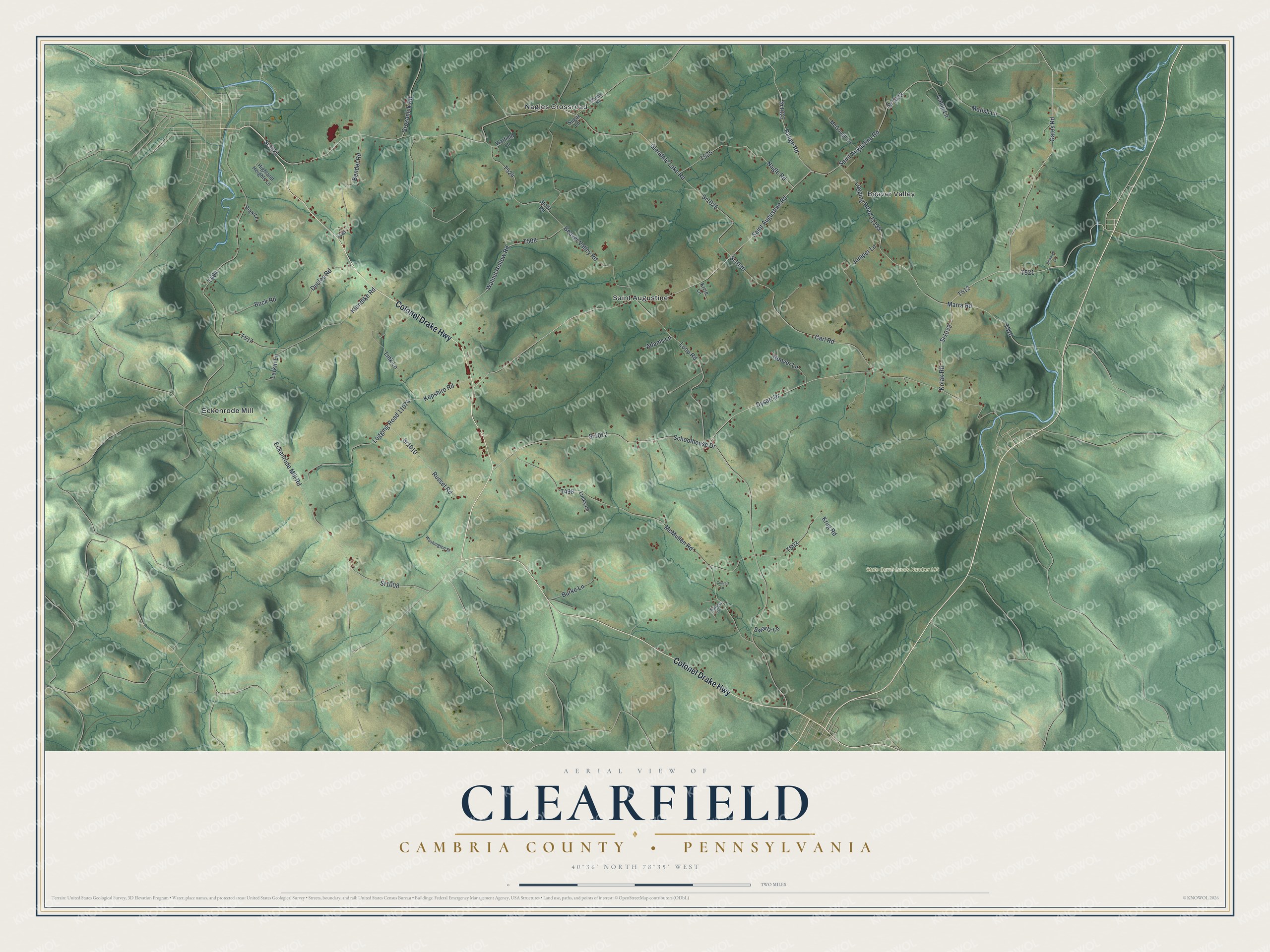 Full map of Clearfield, Cambria County, Pennsylvania, with red buildings, printed street names and the land around them