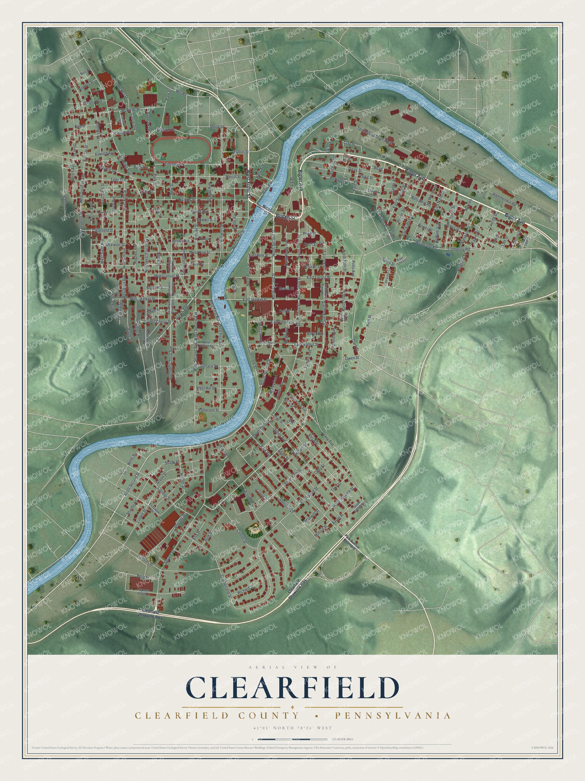 Full map of Clearfield, Clearfield County, Pennsylvania, with red buildings, printed street names and the land around them