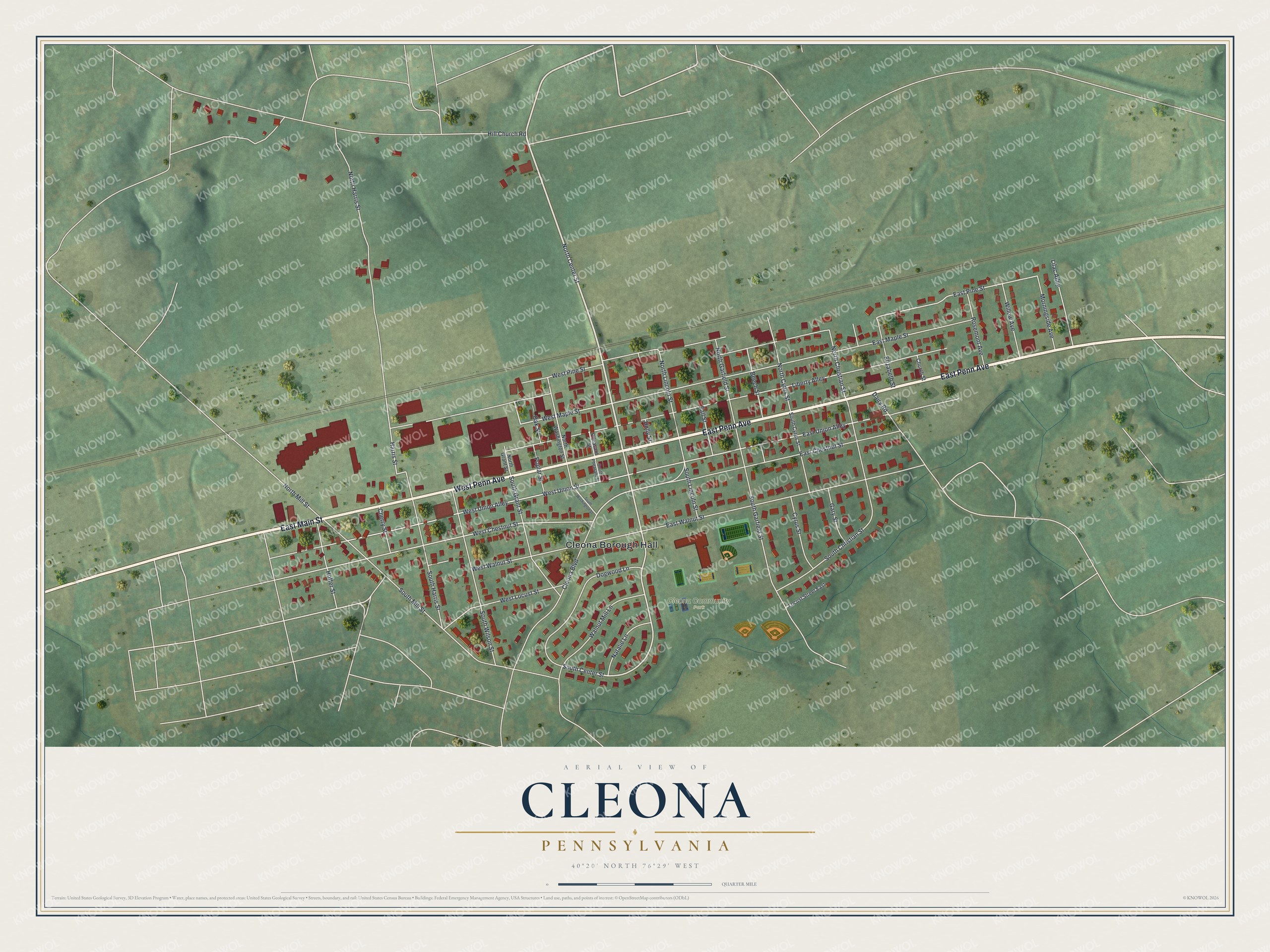 Full map of Cleona, Pennsylvania, with red buildings, printed street names and the land around them