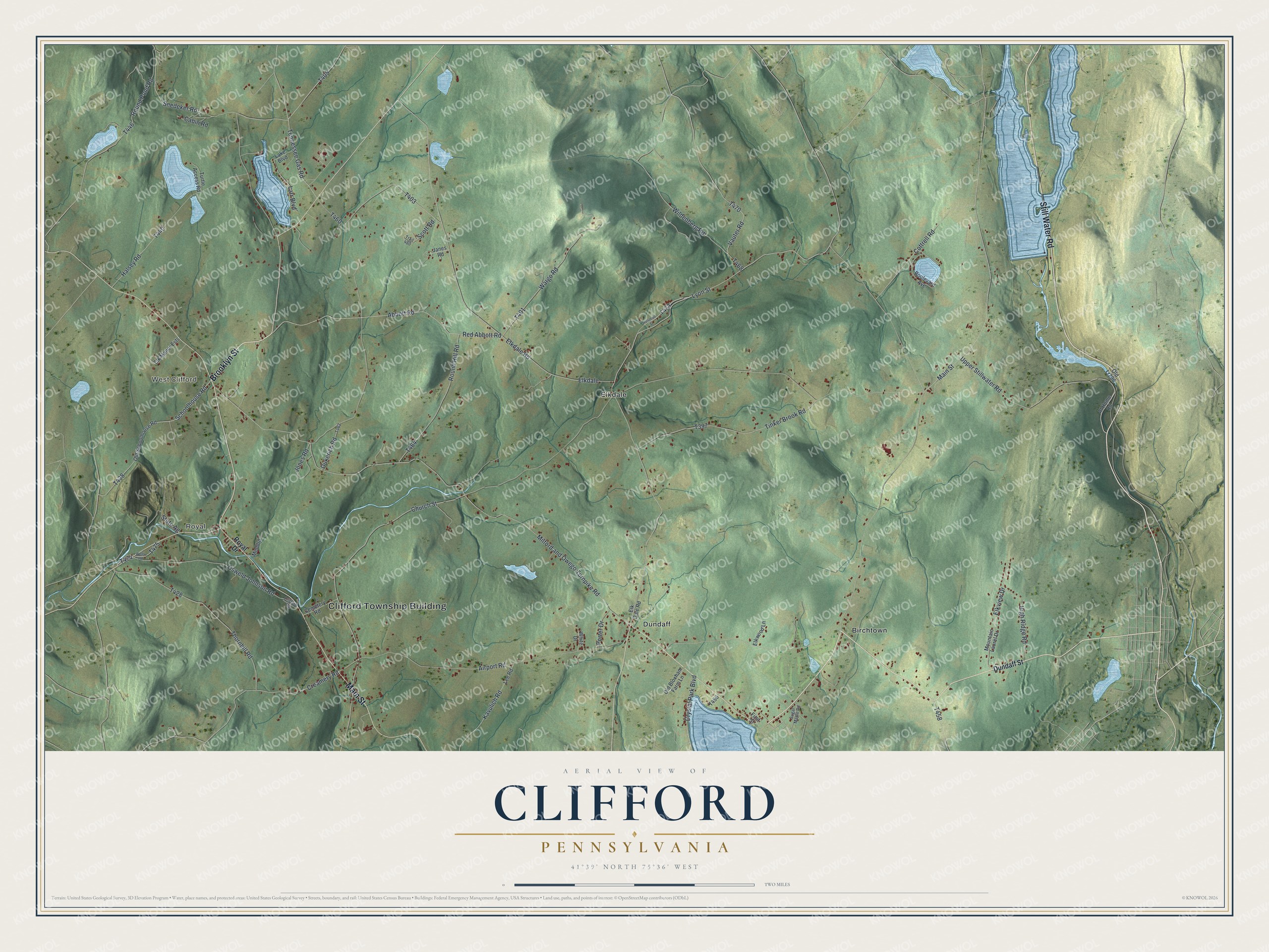 Full map of Clifford, Pennsylvania, with red buildings, printed street names and the land around them