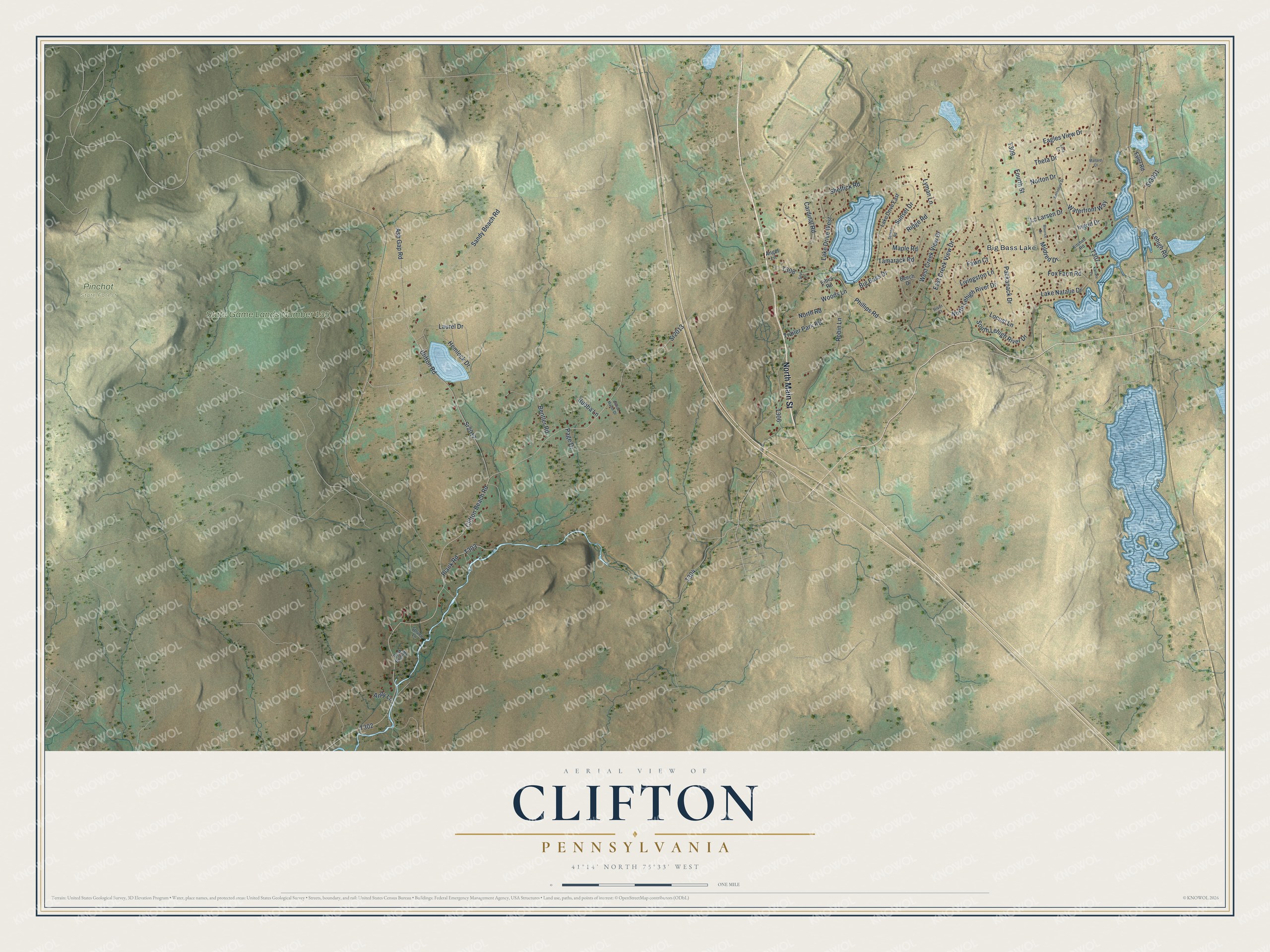 Full map of Clifton, Pennsylvania, with red buildings, printed street names and the land around them