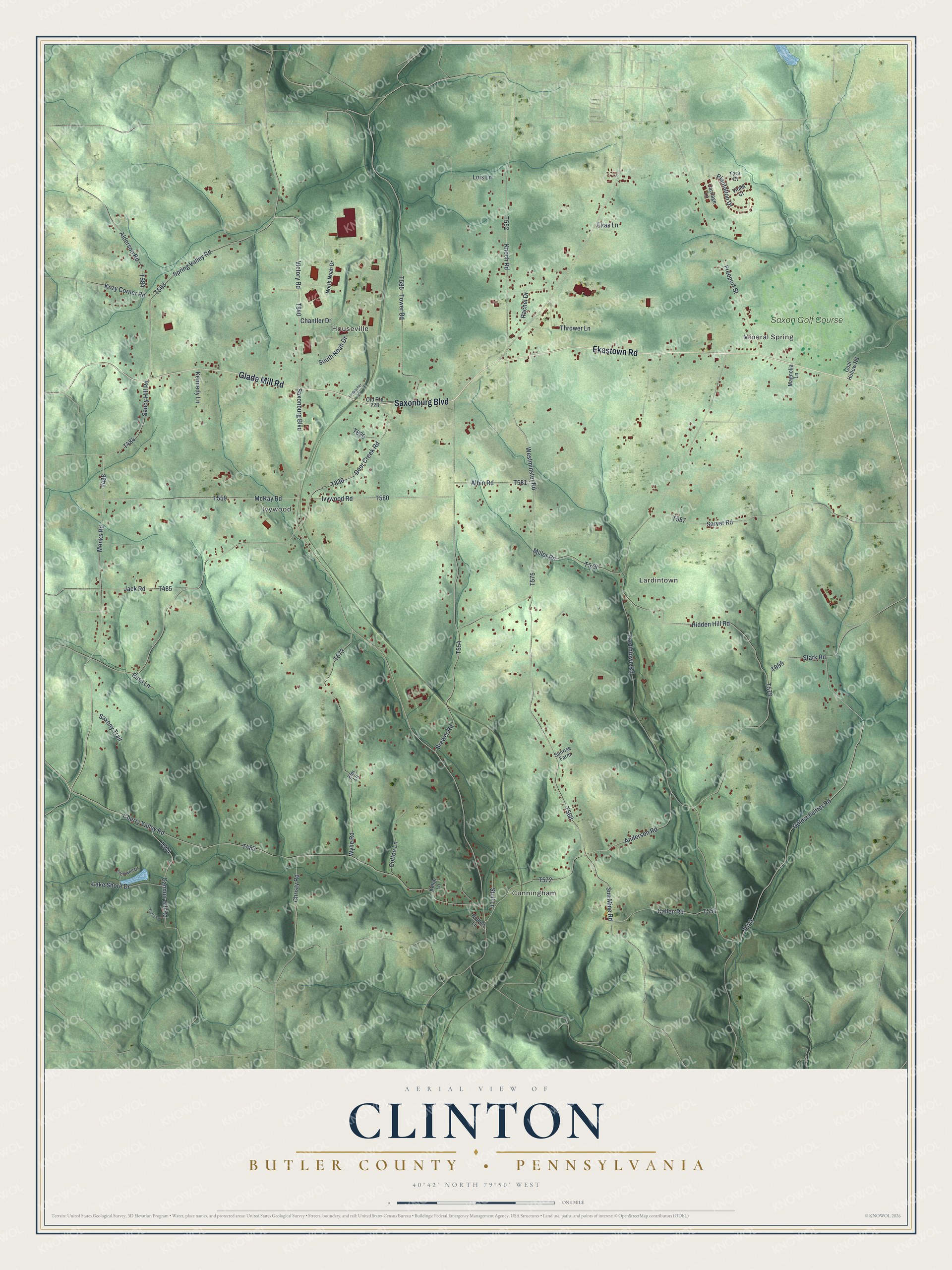 Full map of Clinton, Butler County, Pennsylvania, with red buildings, printed street names and the land around them