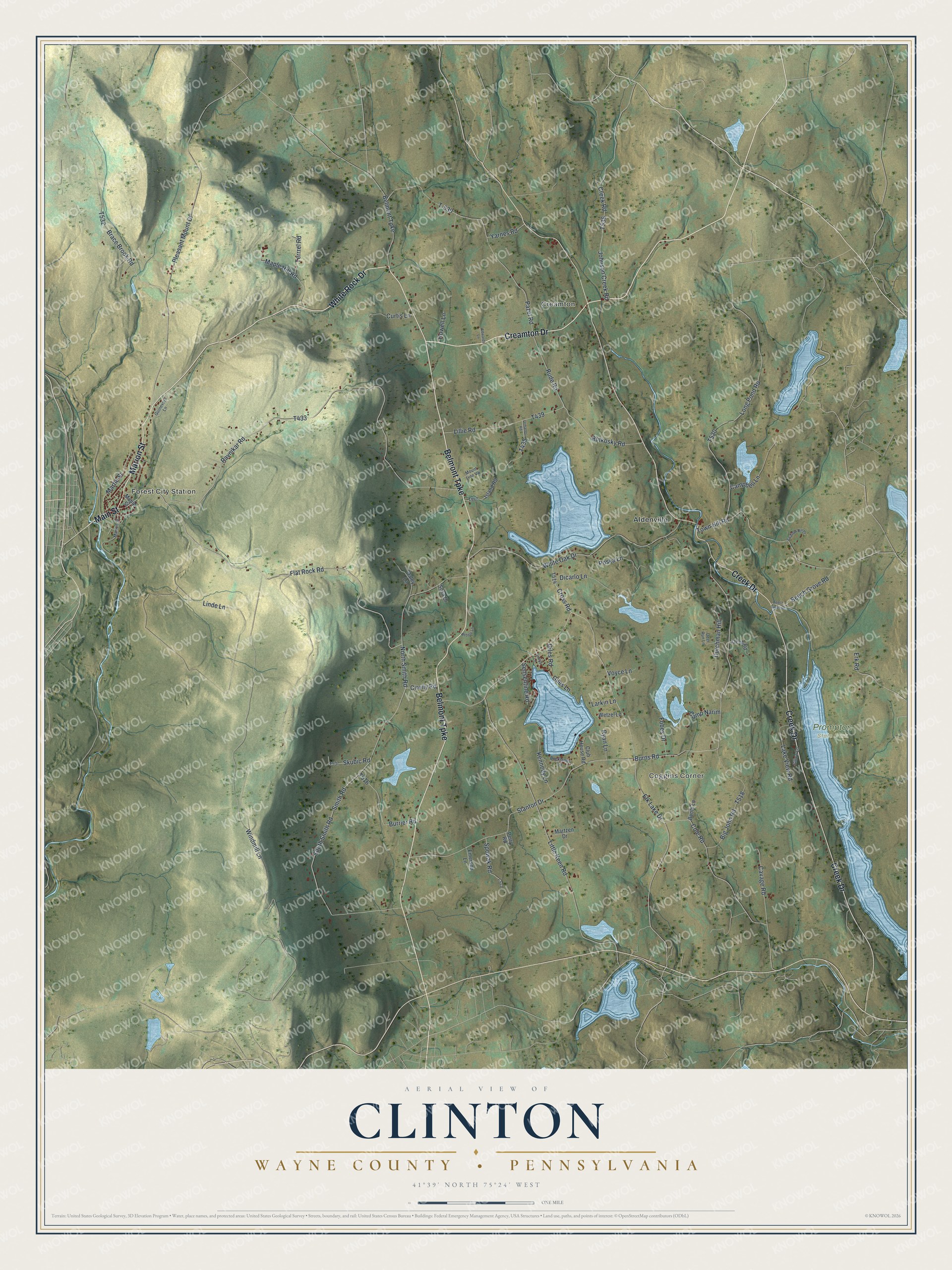 Full map of Clinton, Wayne County, Pennsylvania, with red buildings, printed street names and the land around them
