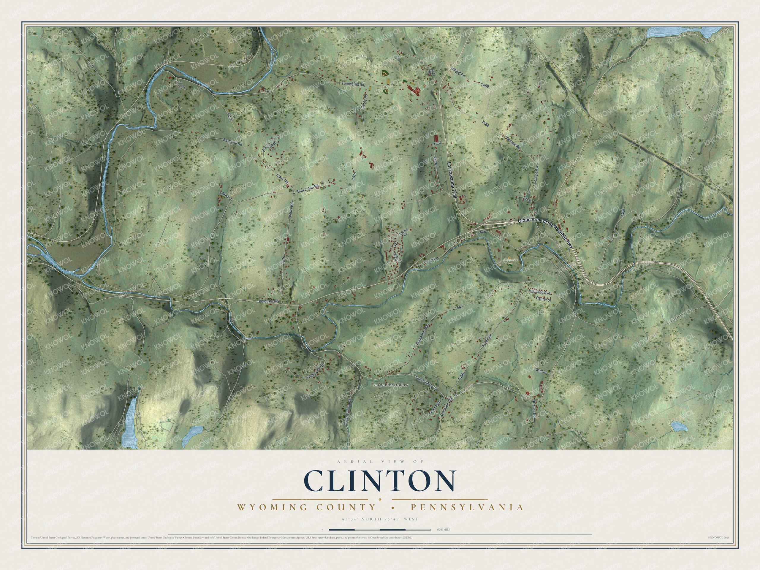 Full map of Clinton, Wyoming County, Pennsylvania, with red buildings, printed street names and the land around them