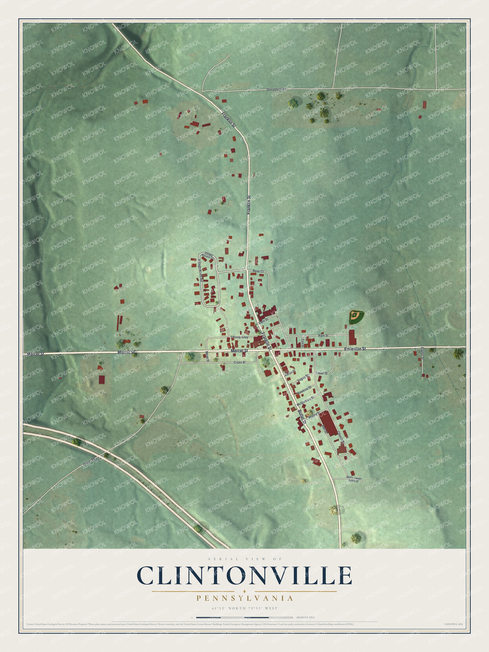 Full map of Clintonville, Pennsylvania, with red buildings, printed street names and the land around them