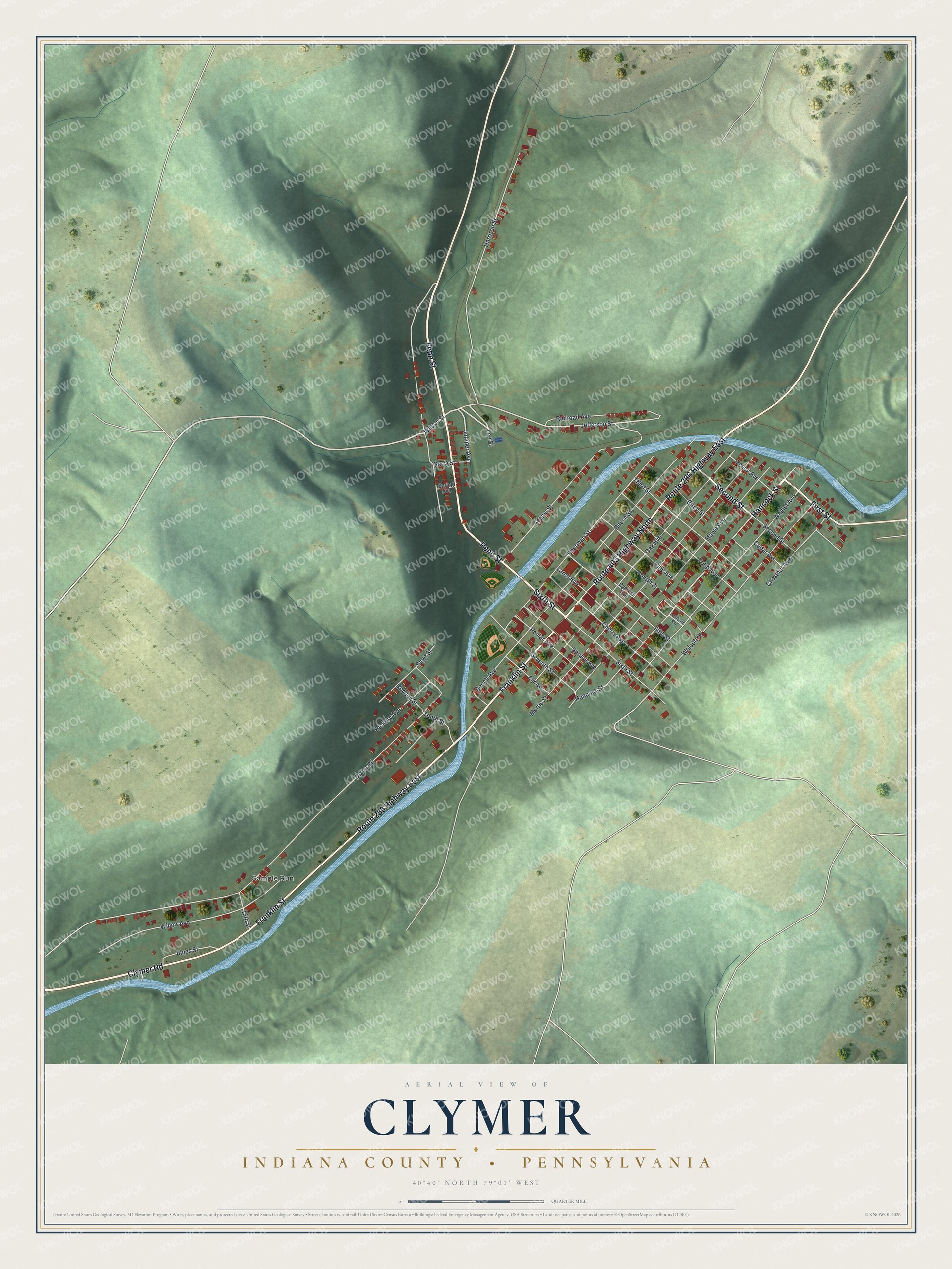 Full map of Clymer, Indiana County, Pennsylvania, with red buildings, printed street names and the land around them
