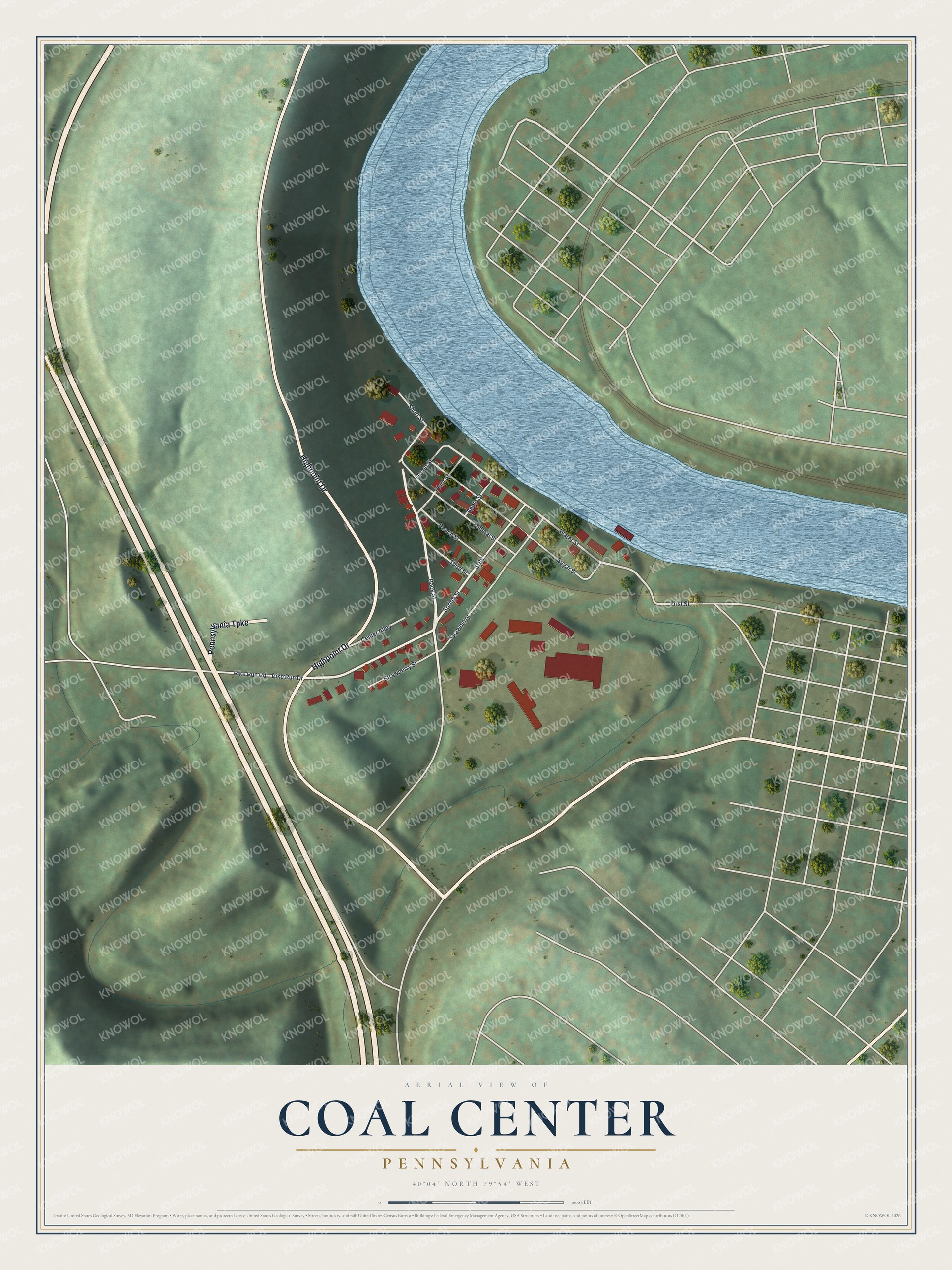 Full map of Coal Center, Pennsylvania, with red buildings, printed street names and the land around them