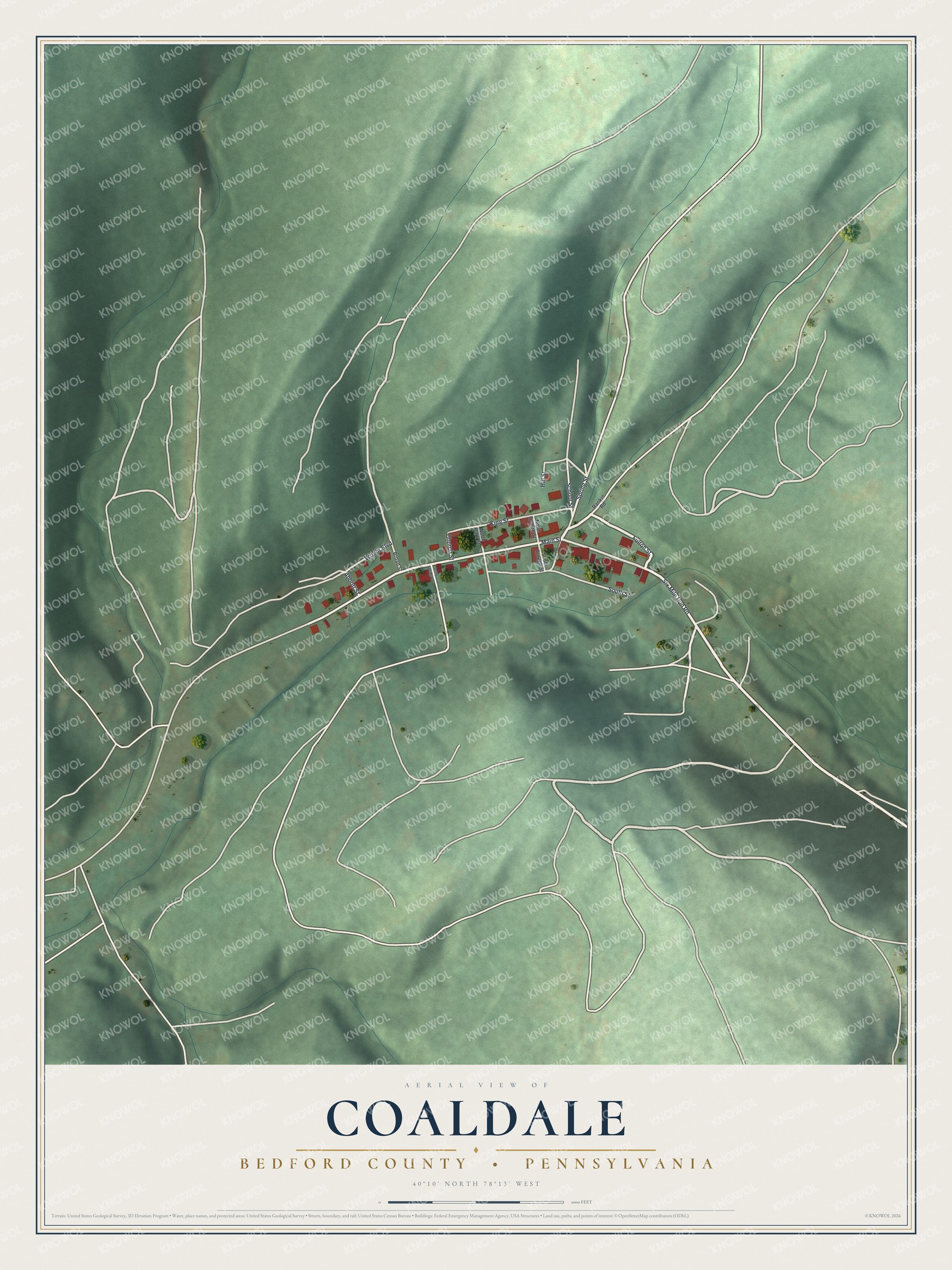 Full map of Coaldale, Bedford County, Pennsylvania, with red buildings, printed street names and the land around them