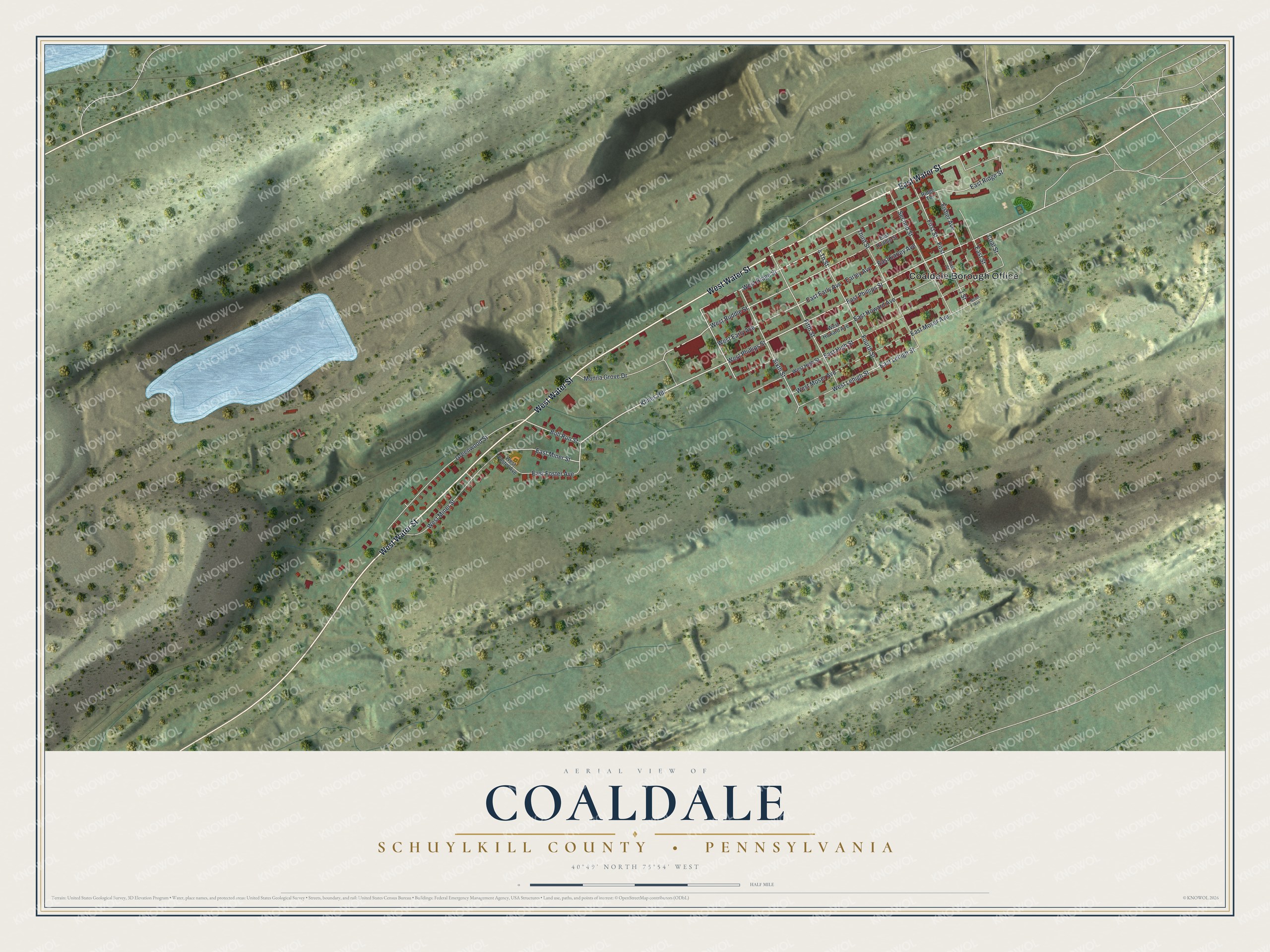Full map of Coaldale, Schuylkill County, Pennsylvania, with red buildings, printed street names and the land around them